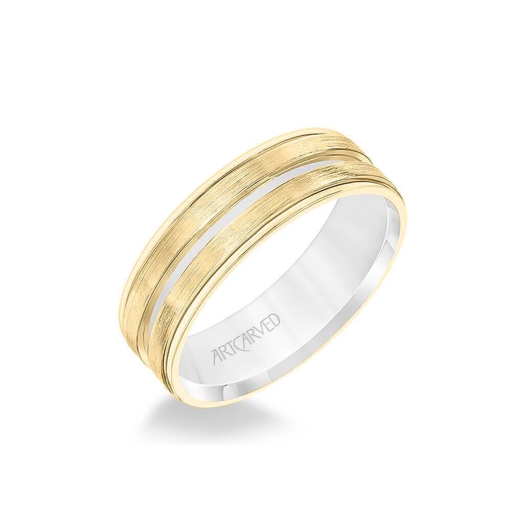 6.5MM Men's Wedding Band - White Gold Brush Finish with Rose Gold Cut Center with Rose Gold Interior and Round Edge