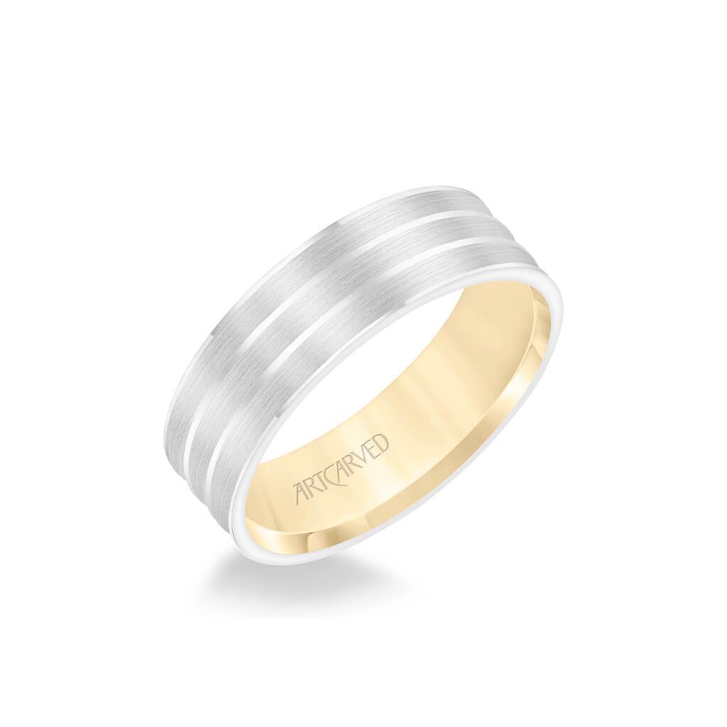 6.5MM Men's Wedding Band - Brush Finish with Polished Cuts with Yellow Gold Interior and Flat Edge