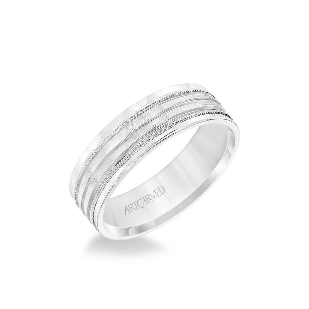 6MM Men's Wedding Band - Brush Finish with Polished Cuts and Milgrain Accents with Yellow Gold Interior and Flat Edge