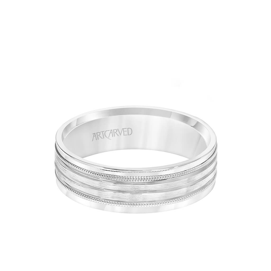 6MM Men's Wedding Band - Brush Finish with Polished Cuts and Milgrain Accents with Yellow Gold Interior and Flat Edge