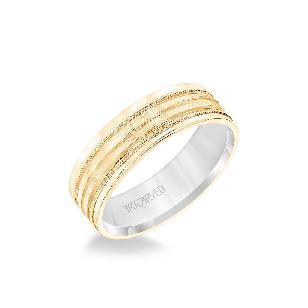 6MM Men's Wedding Band - Brush Finish with Polished Cuts and Milgrain Accents with Yellow Gold Interior and Flat Edge