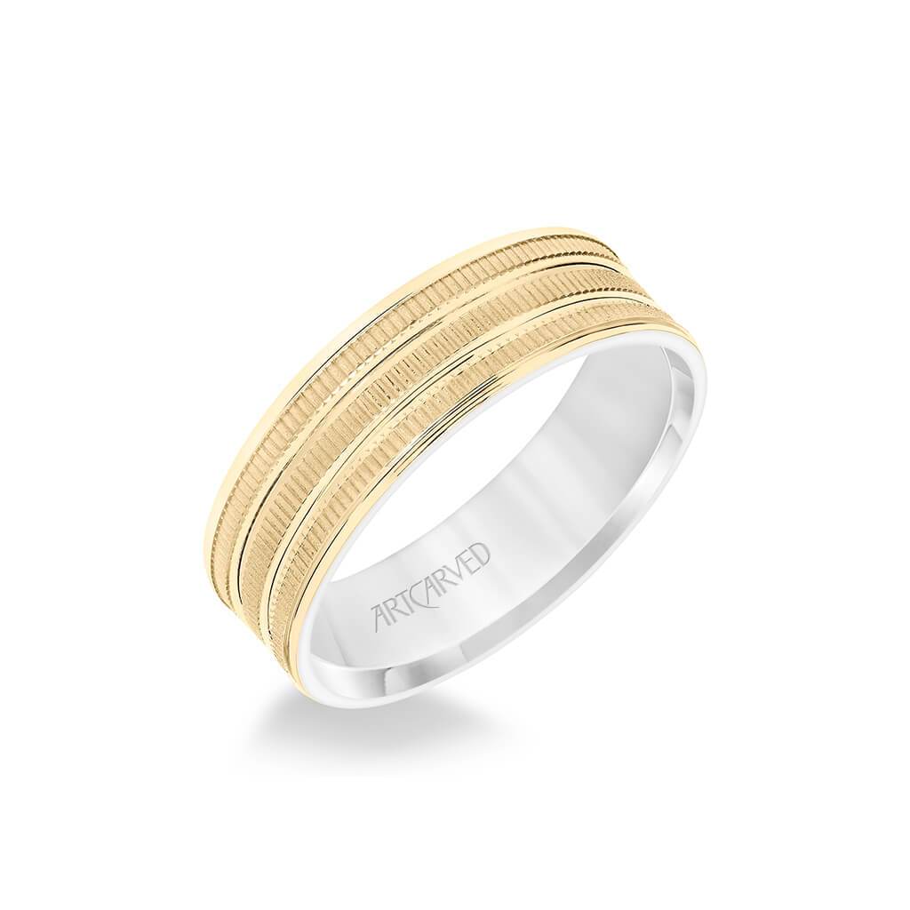 6.5MM Men's Wedding Band - Yellow Gold Coin Finish with Flat Cuts with White Gold Interior and Flat Edge