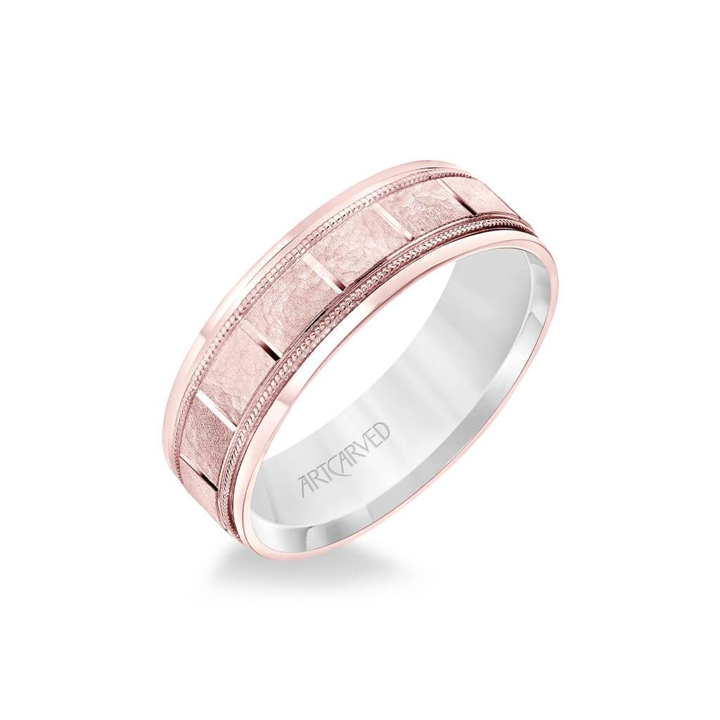6.5MM Men's Wedding Band - White Gold Stone Finish with Vertical Cut Center with Milgrain Accents with Rose Gold Interior and Round Edge