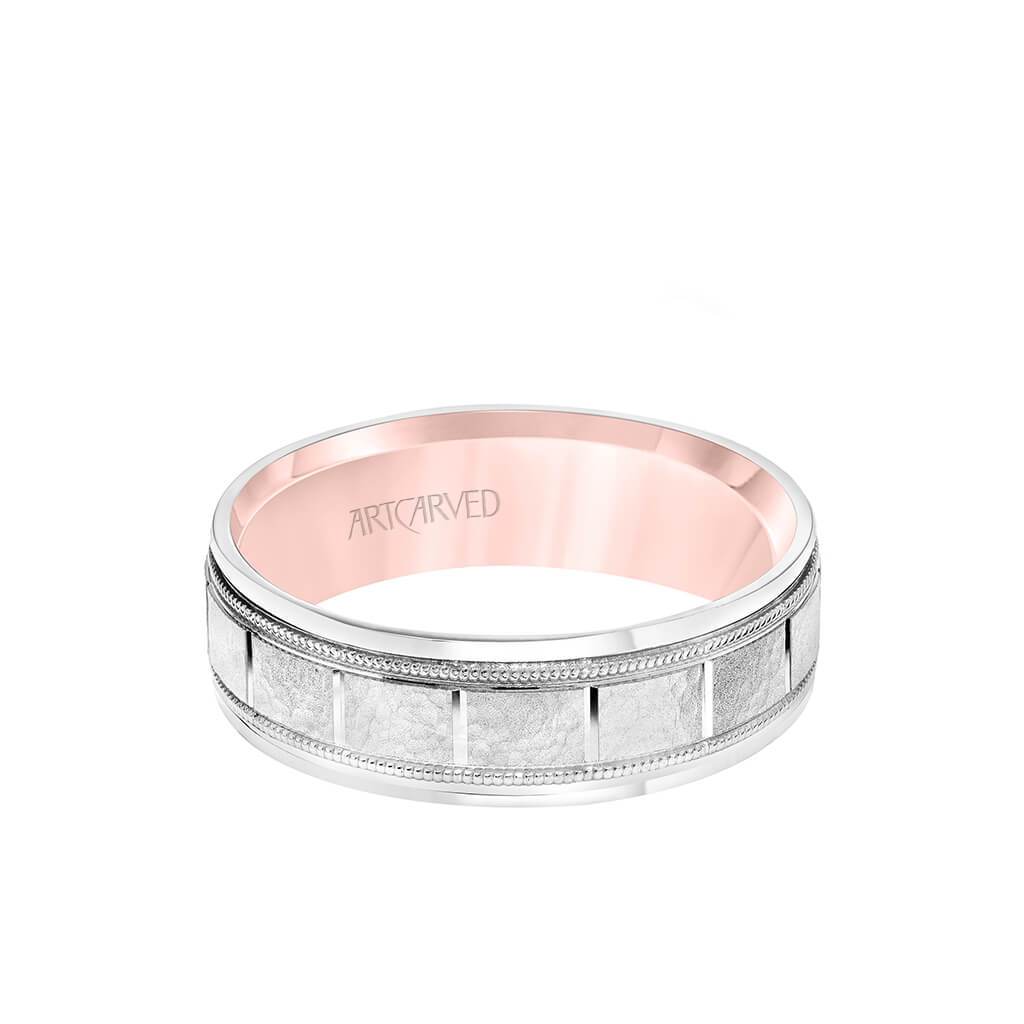 6.5MM Men's Wedding Band - White Gold Stone Finish with Vertical Cut Center with Milgrain Accents with Rose Gold Interior and Round Edge