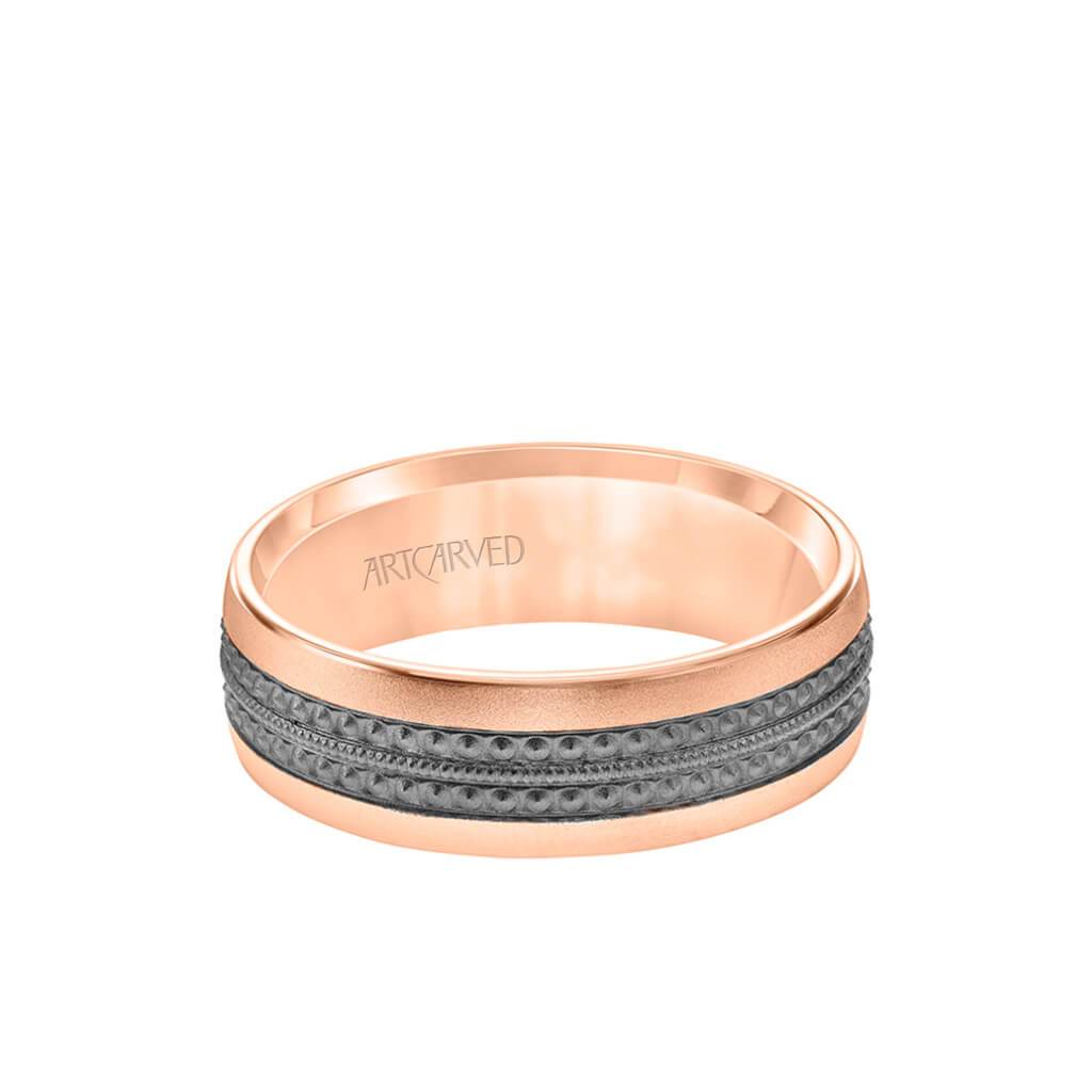 7MM Men's Wedding Band - Matte Finish with Textured Black Rhodium with Milgrain Accents and Flat Edge