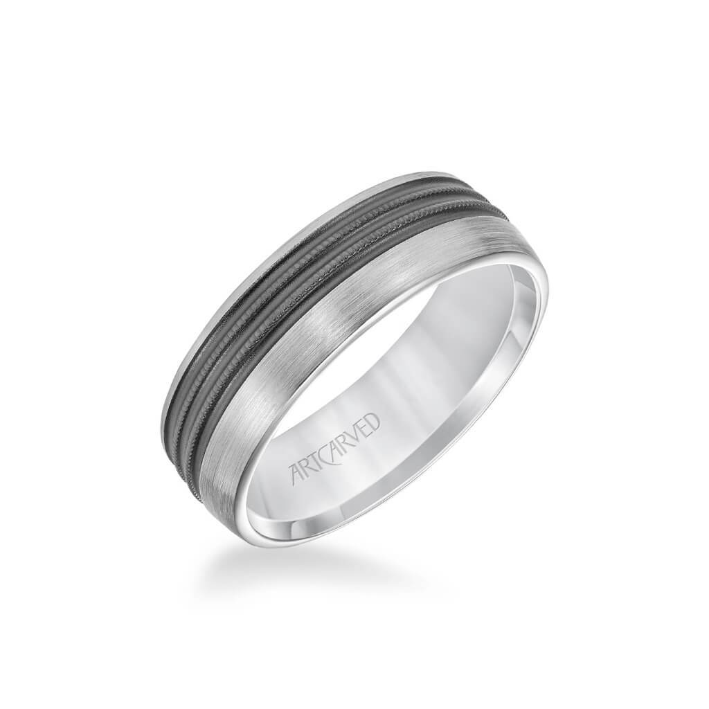 7MM Men's Wedding Band - Brush Matte Finish with Textured Black Rhodium and Milgrain Accents and Flat Edge