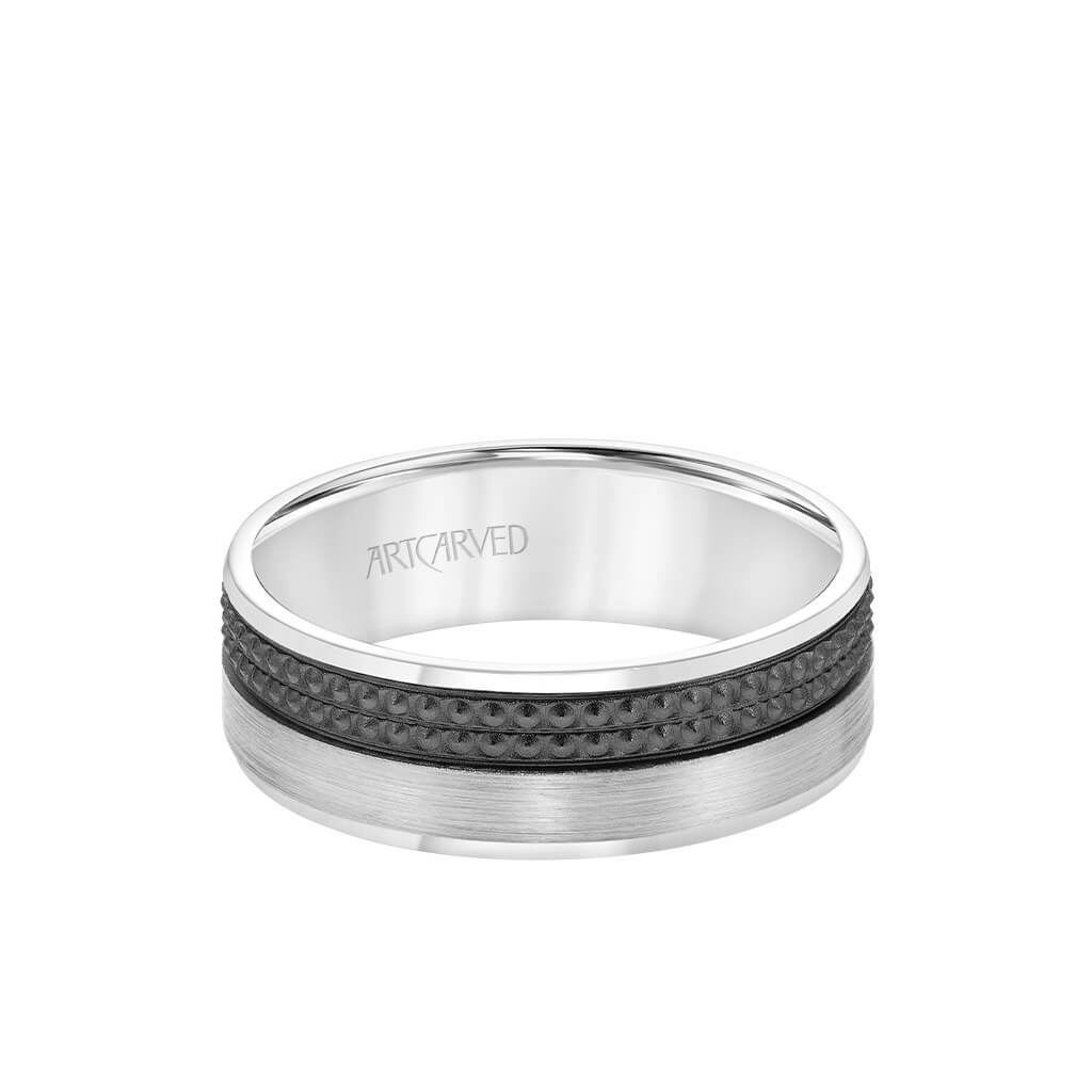 7MM Men's Wedding Band - Brush Matte Finish with Textured Black Rhodium and Milgrain Accents and Flat Edge