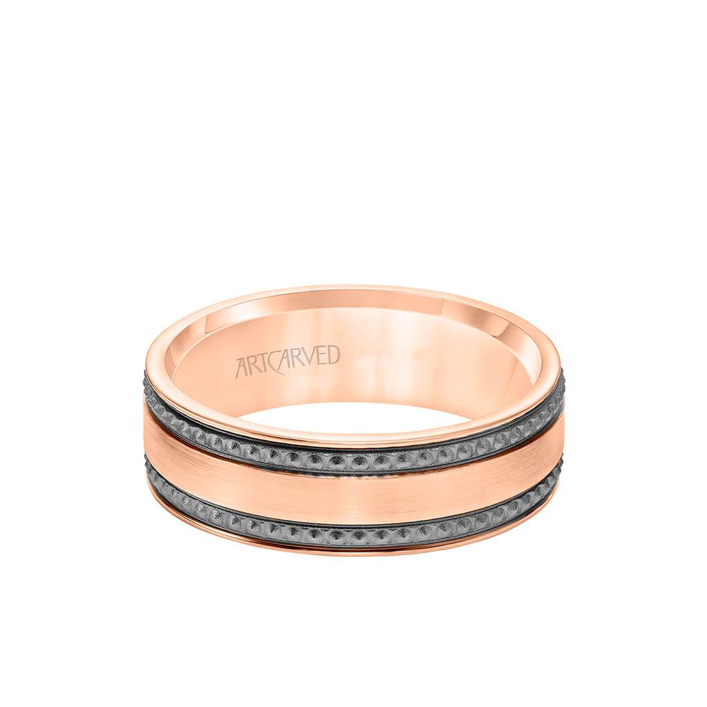 7MM Men's Wedding Band - Satin Soft Sand Finished with Textured Black Rhodium and Flat Edge