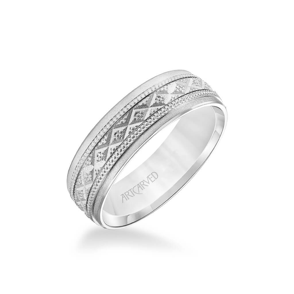 6.5MM Men's Wedding Band - Soft Sand Finish with Swiss Cut X Design with Milgrain and Flat Edge