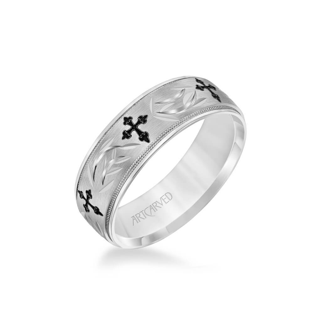 7MM Men's Wedding Band - Brush Finish with Black Antiqued Cross and Wheat Design Center and Round Edge