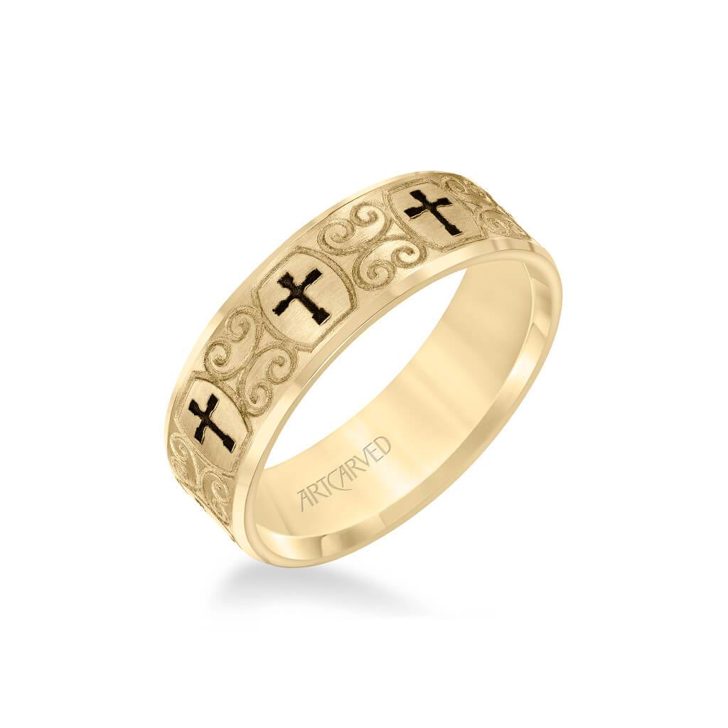 7MM Men's Wedding Band - Brush Finish with Black Cross and Scroll Design Center and Bevel Edge