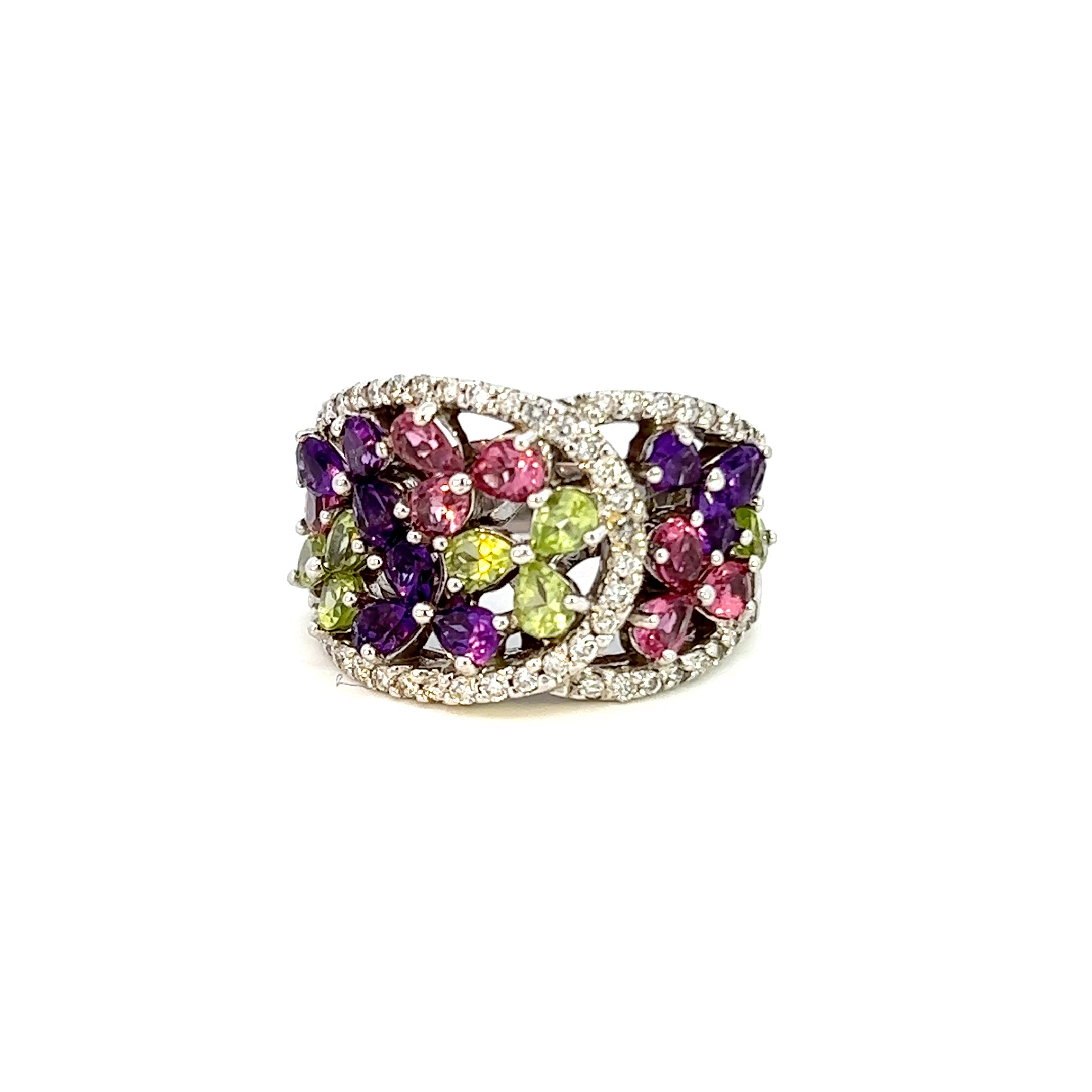 Estate 14KT White Gold Natural Gem Floral Ring
