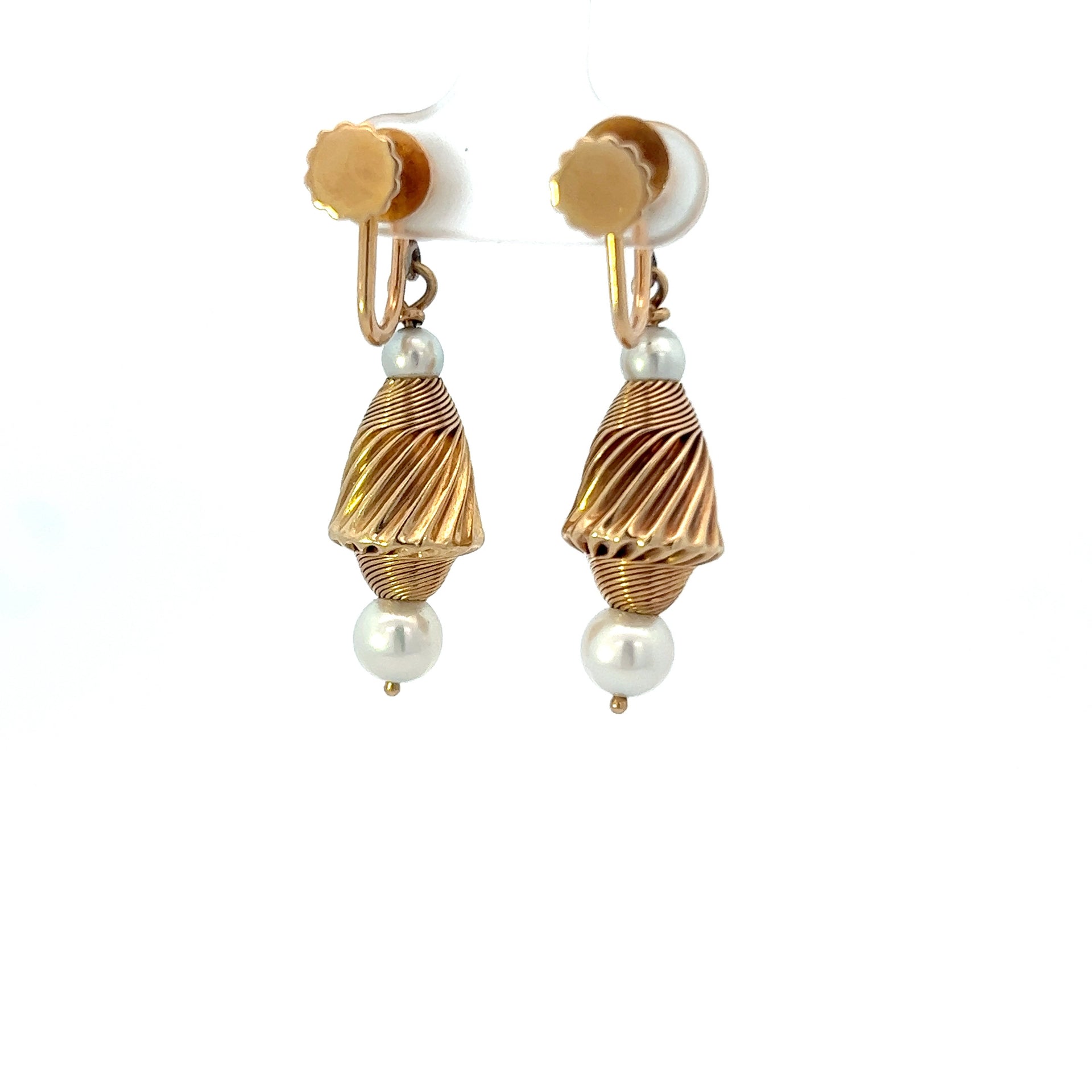 Estate 14KT Yellow Gold And Akoya Pearl Twisted Drop Earring