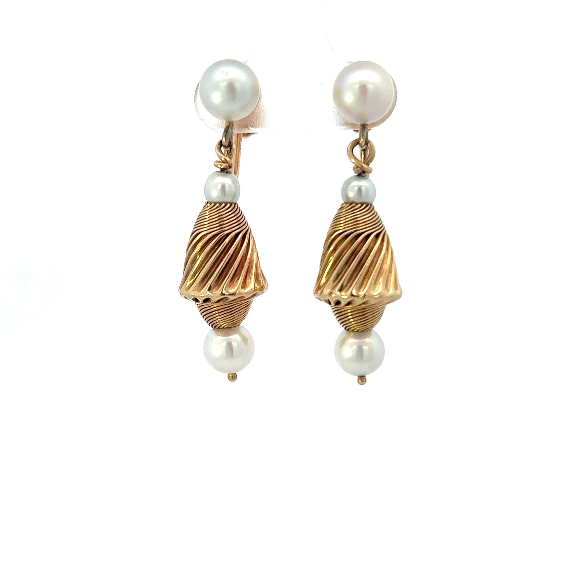Estate 14KT Yellow Gold And Akoya Pearl Twisted Drop Earring