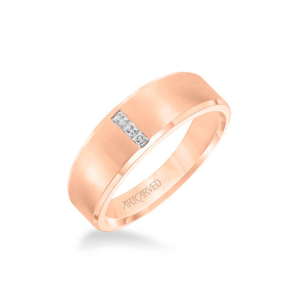 7MM Men's Contemporary Three Stone Diamond Wedding Band - Brush Finish and Step Edge