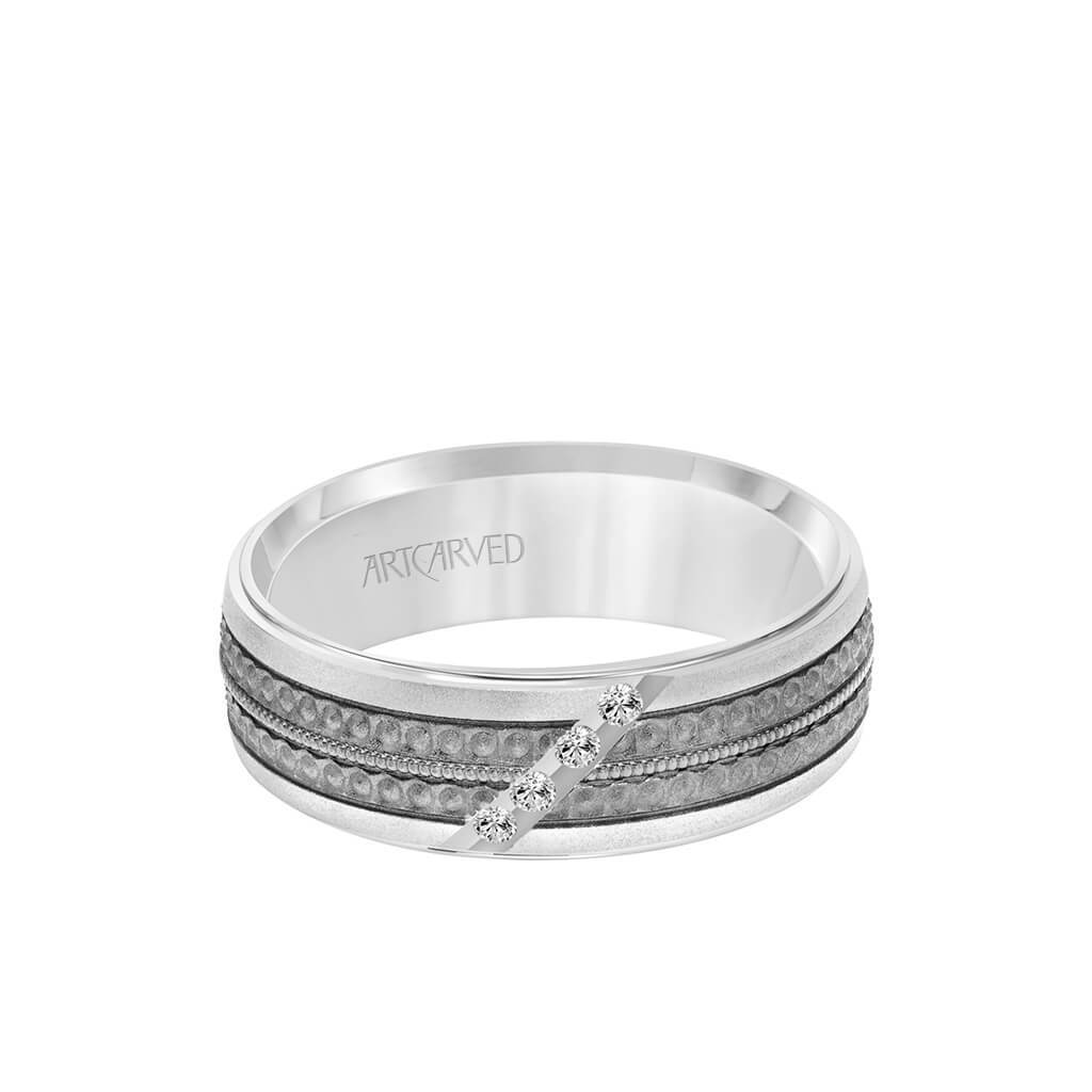 7MM Shades of Grey Collection Four Stone Diamond Wedding Band  - Textured Black Rhodium Detail and Flat Edge