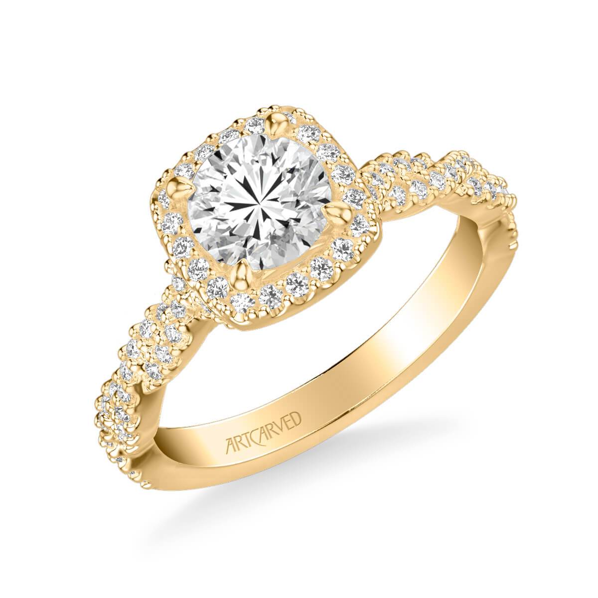 Eileen Contemporary Cushion Halo Round Center Twist Diamond Engagement Ring