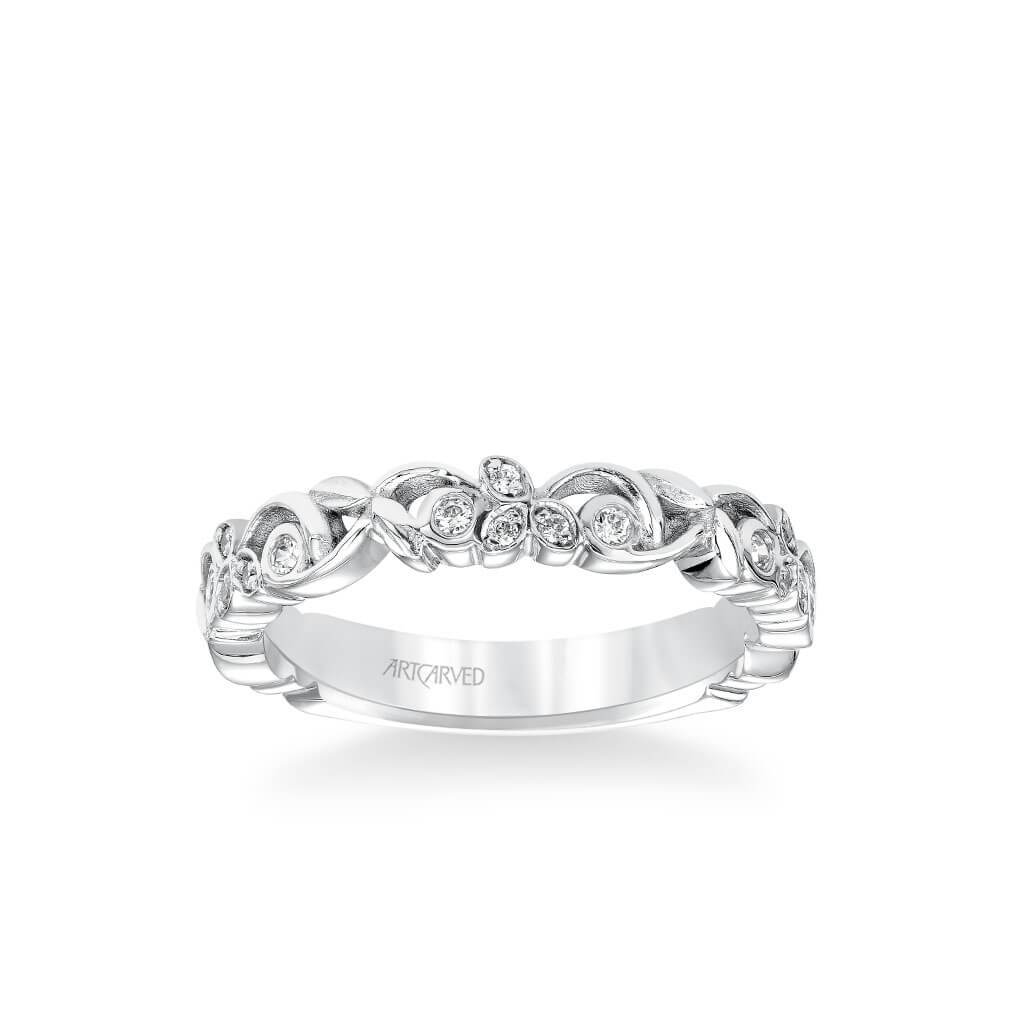 Stackable Band with Floral Design and Diamond Accents