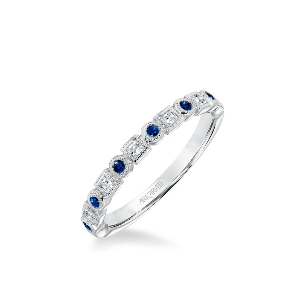 Stackable Band with Alternating Bezel Set Diamonds and Sapphires and Milgrain Accents