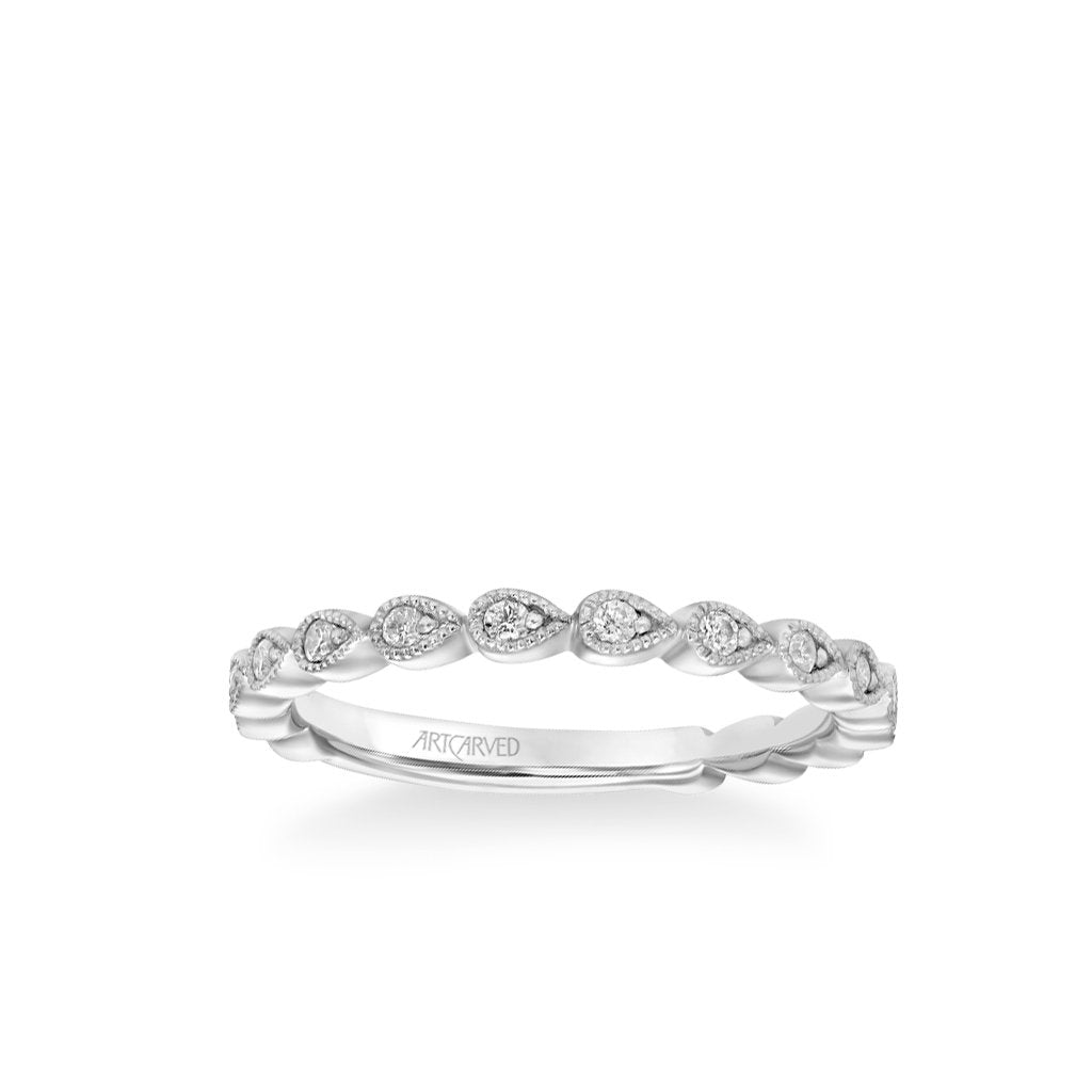 Stackable Petite Band with Diamond and Milgrain Leaf Accents