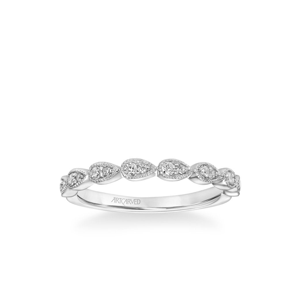 Stackable Band with Diamond and Milgrain Leaf Accents