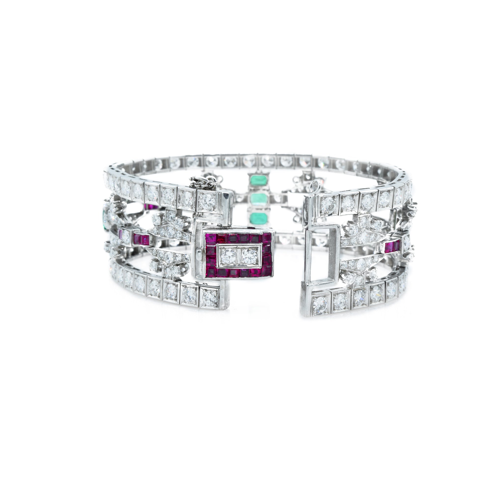 Estate 1930s Platinum Diamond, Ruby And Emerald Bracelet