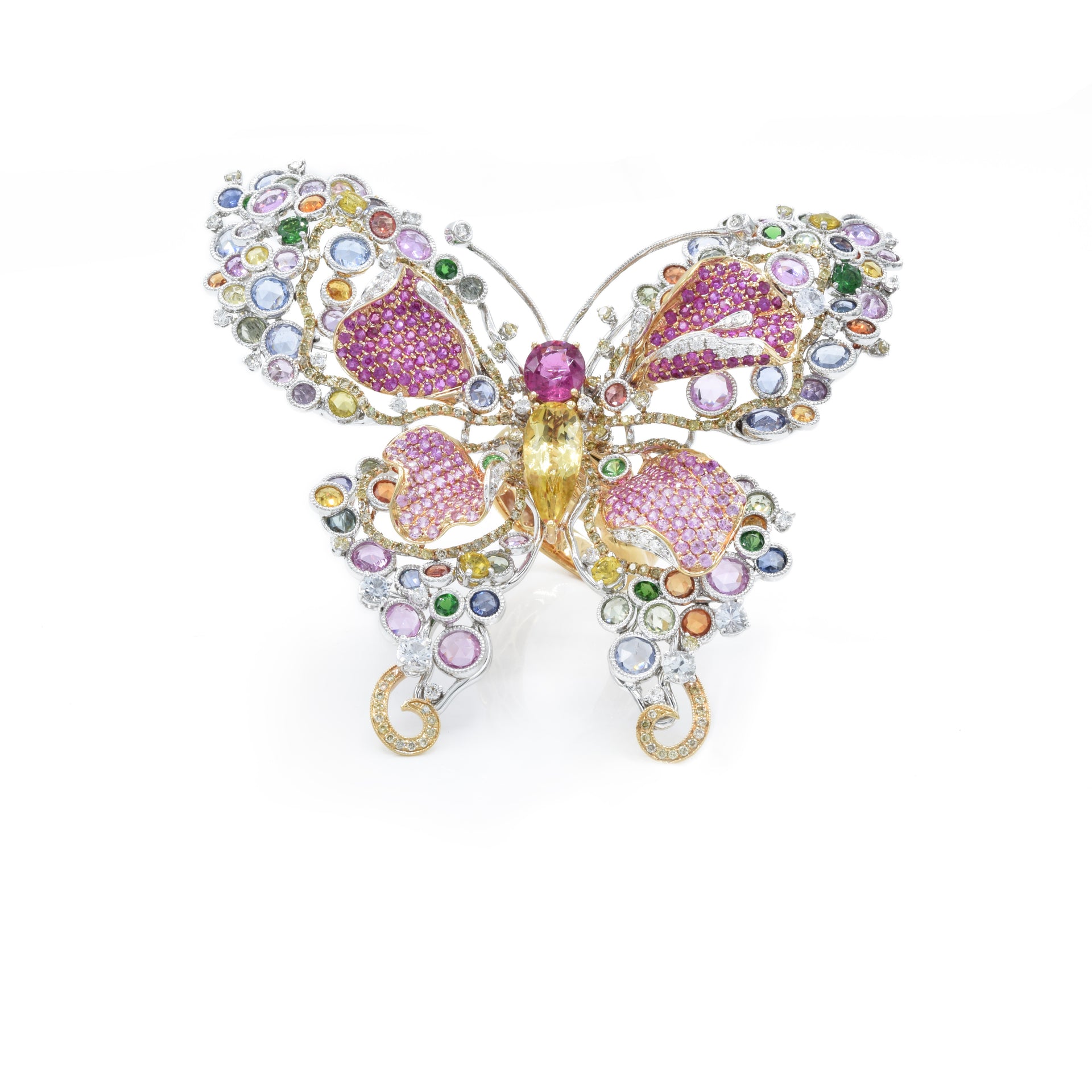 18kt Two-Tone Gold Diamond, Multi-Sapphire and Beryl Butterfly Ring/Pin