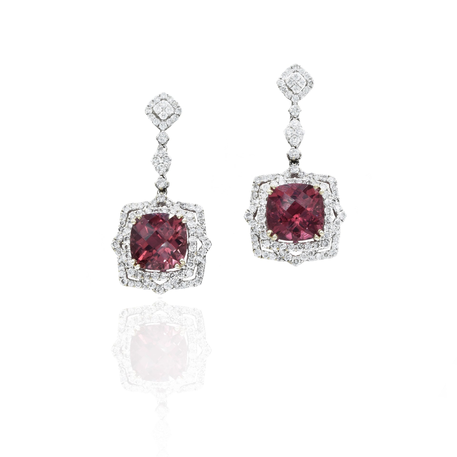 18KT White Gold Diamond And Pink Tourmaline Drop Earrings