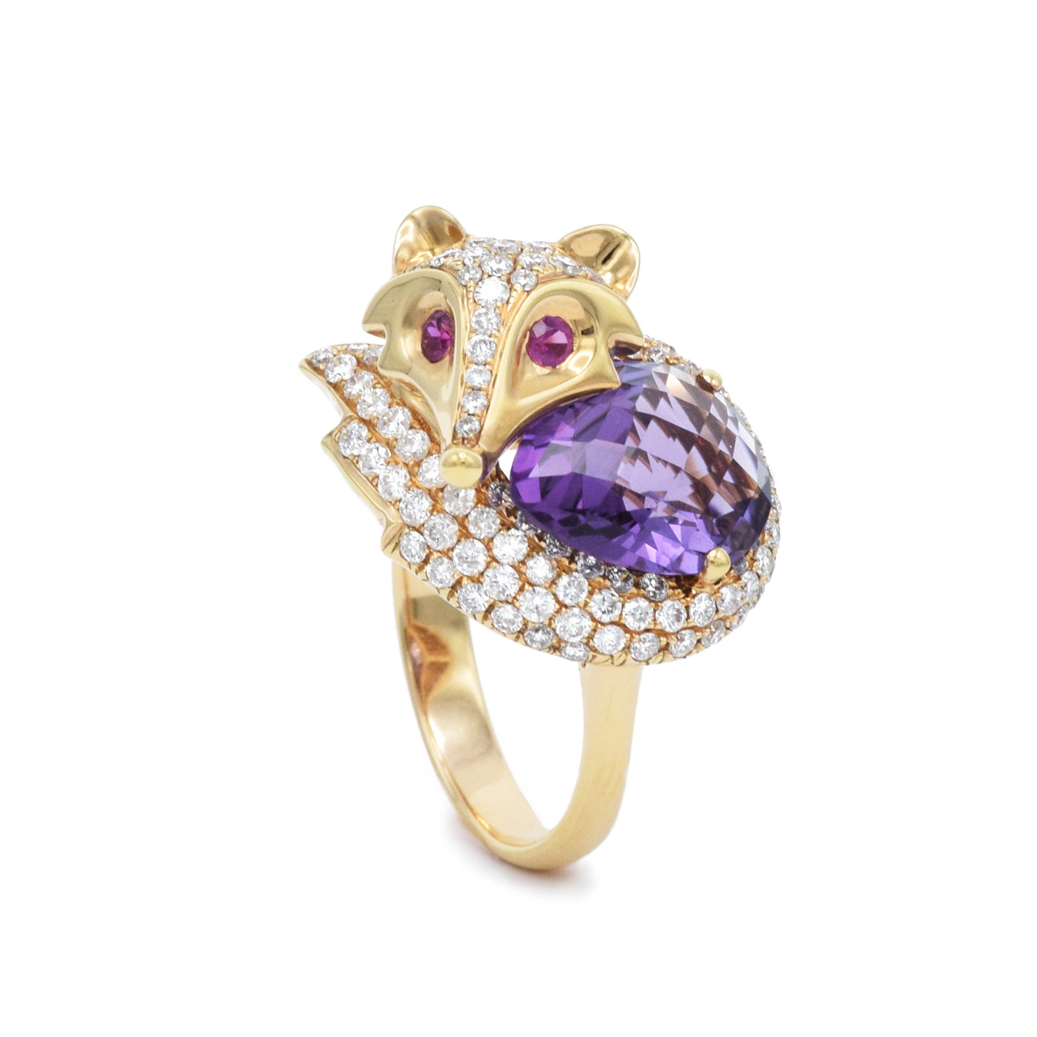 Fox Ring with Amethyst, Ruby, and Diamond