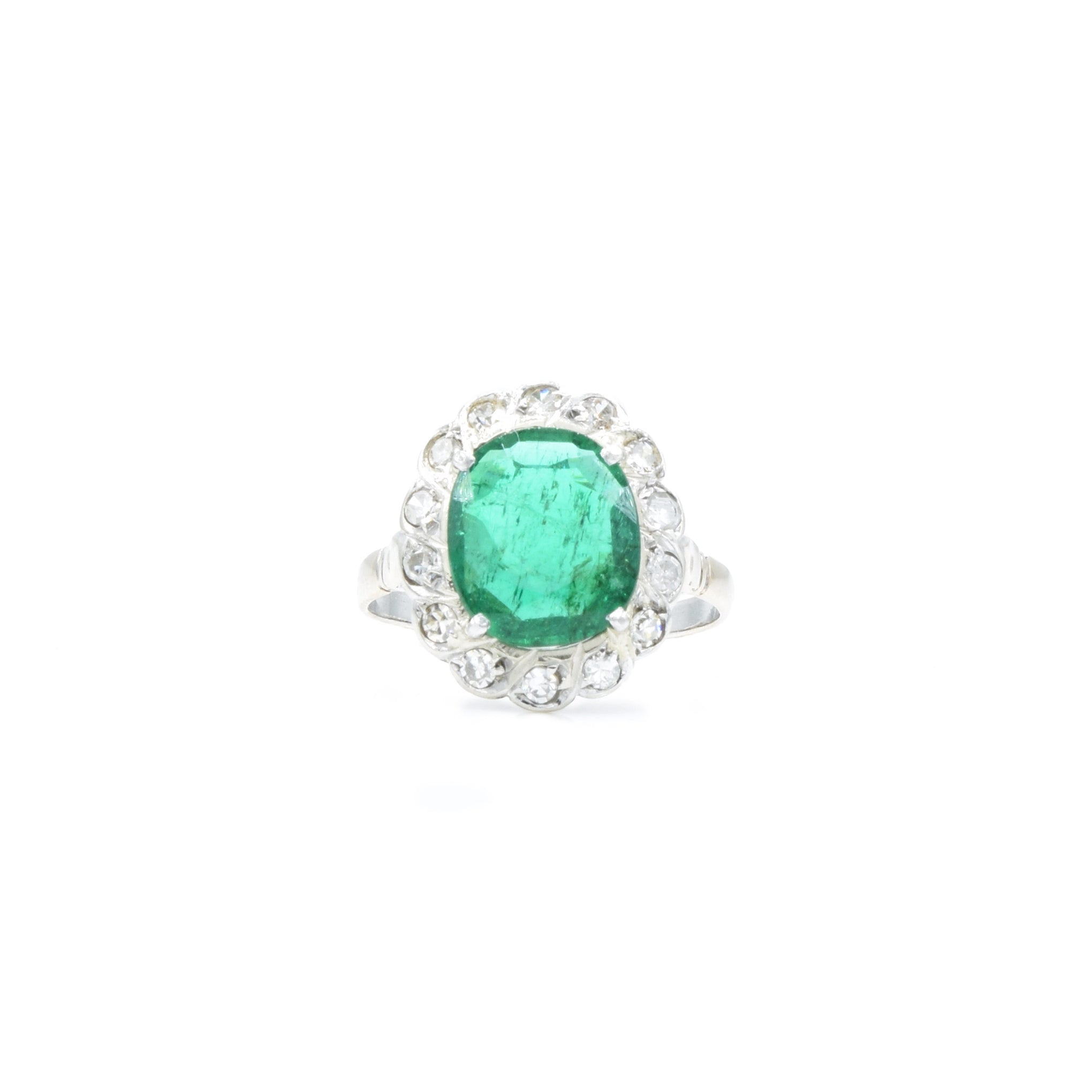 Estate 14KT White Gold Diamond And Emerald Ring Circa 1920
