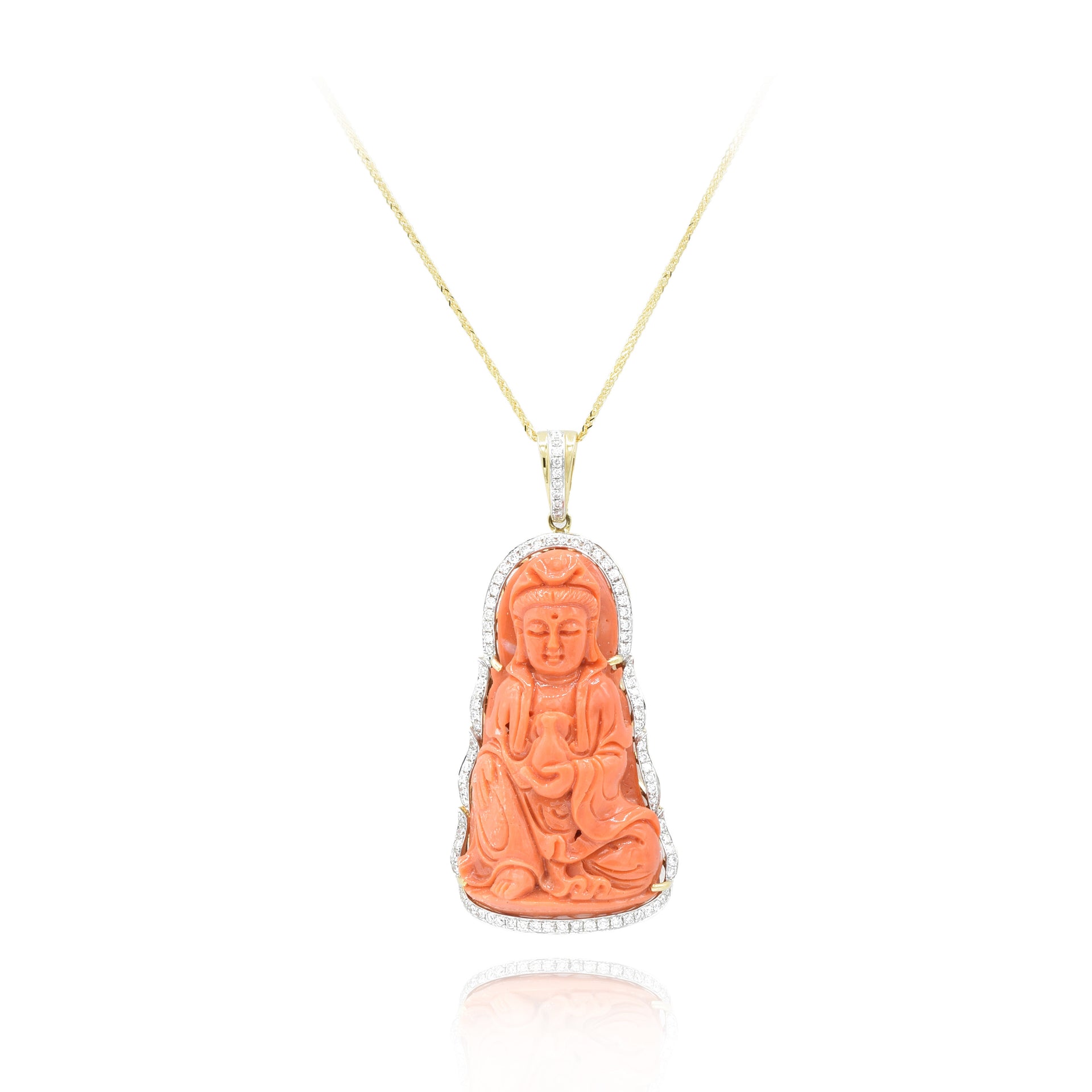18KT Natural Carved Coral And Diamond Buddah Pendant