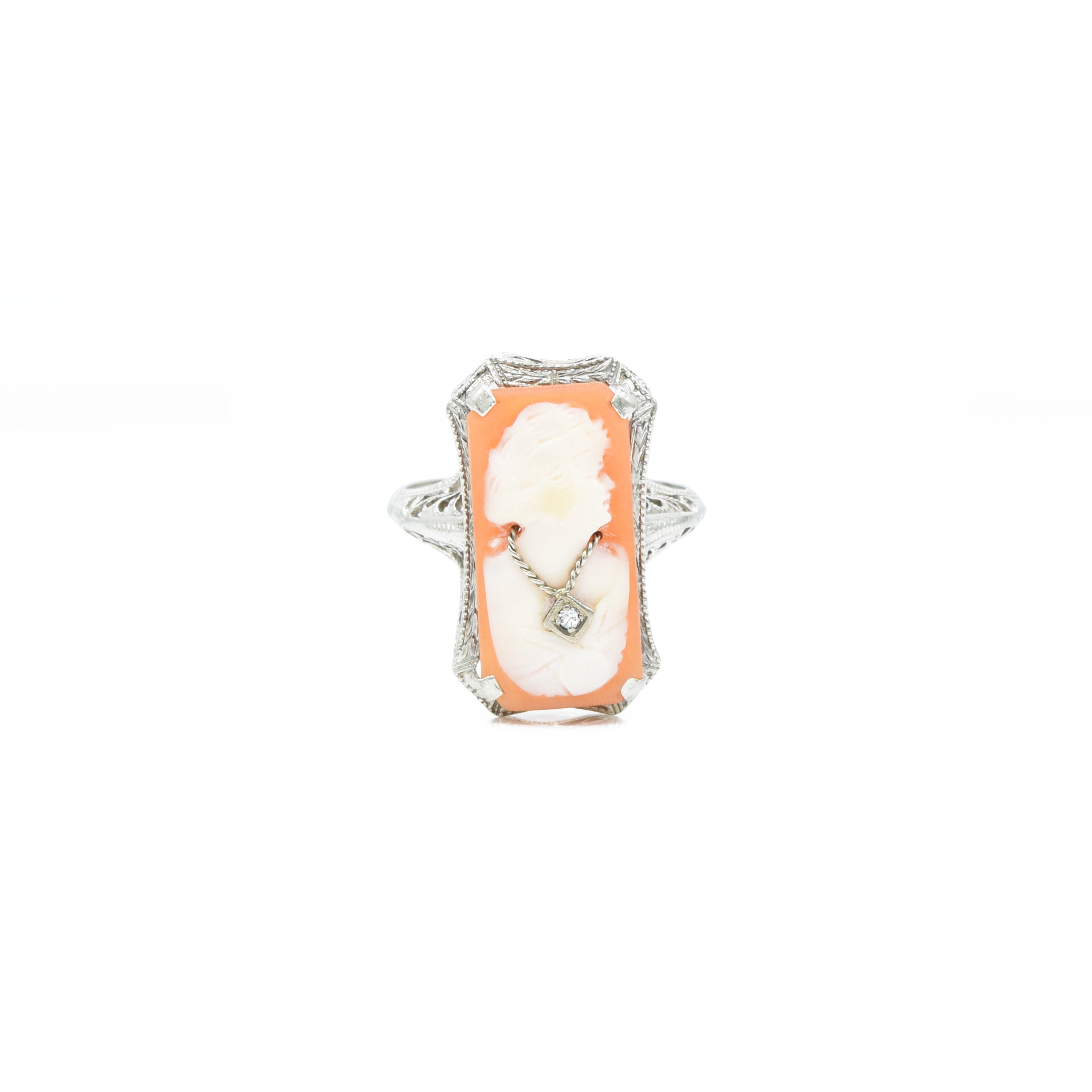 Estate Art Deco 14KT Cameo Ring With Diamonds