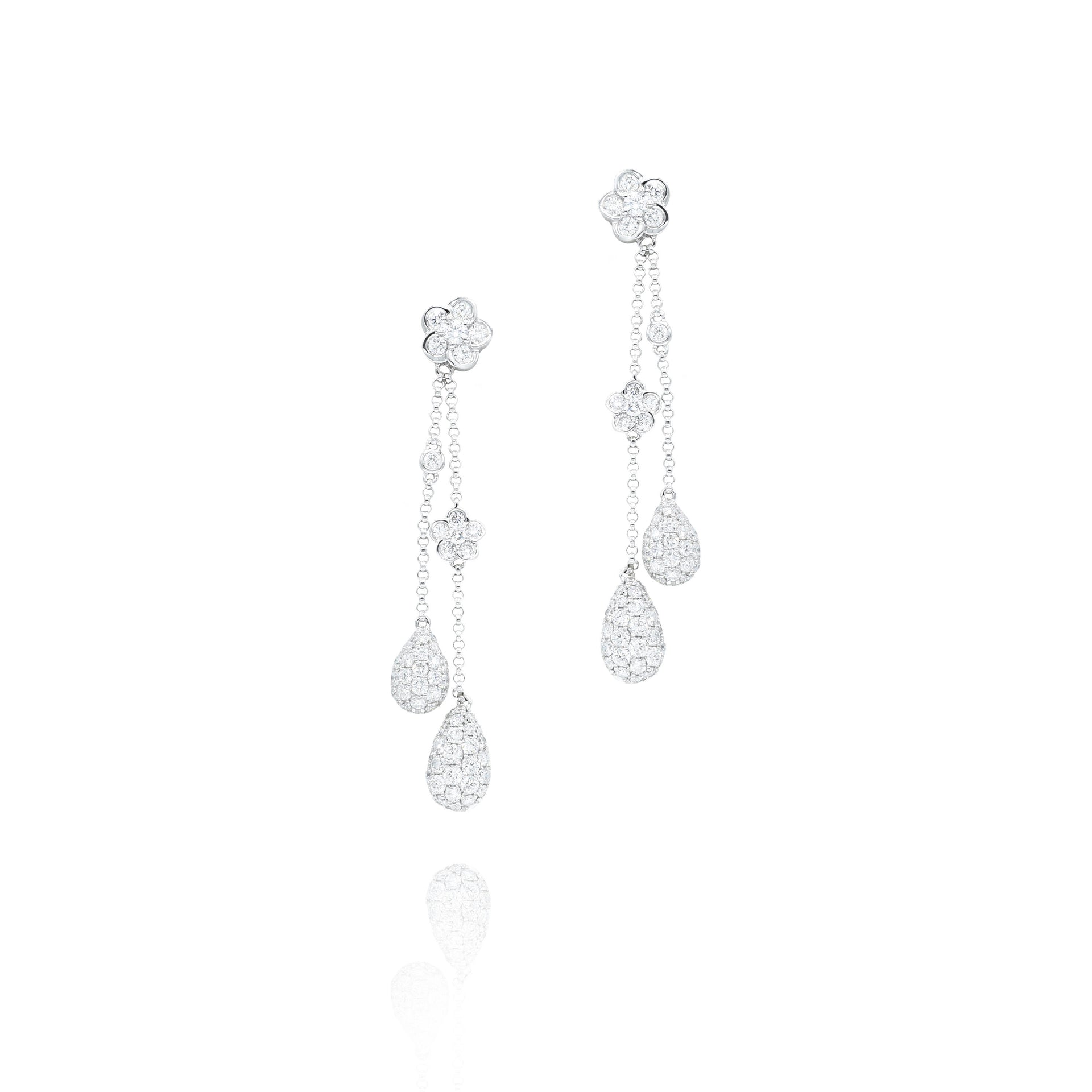 18KT White Gold Diamond Flower Double Drop Earrings