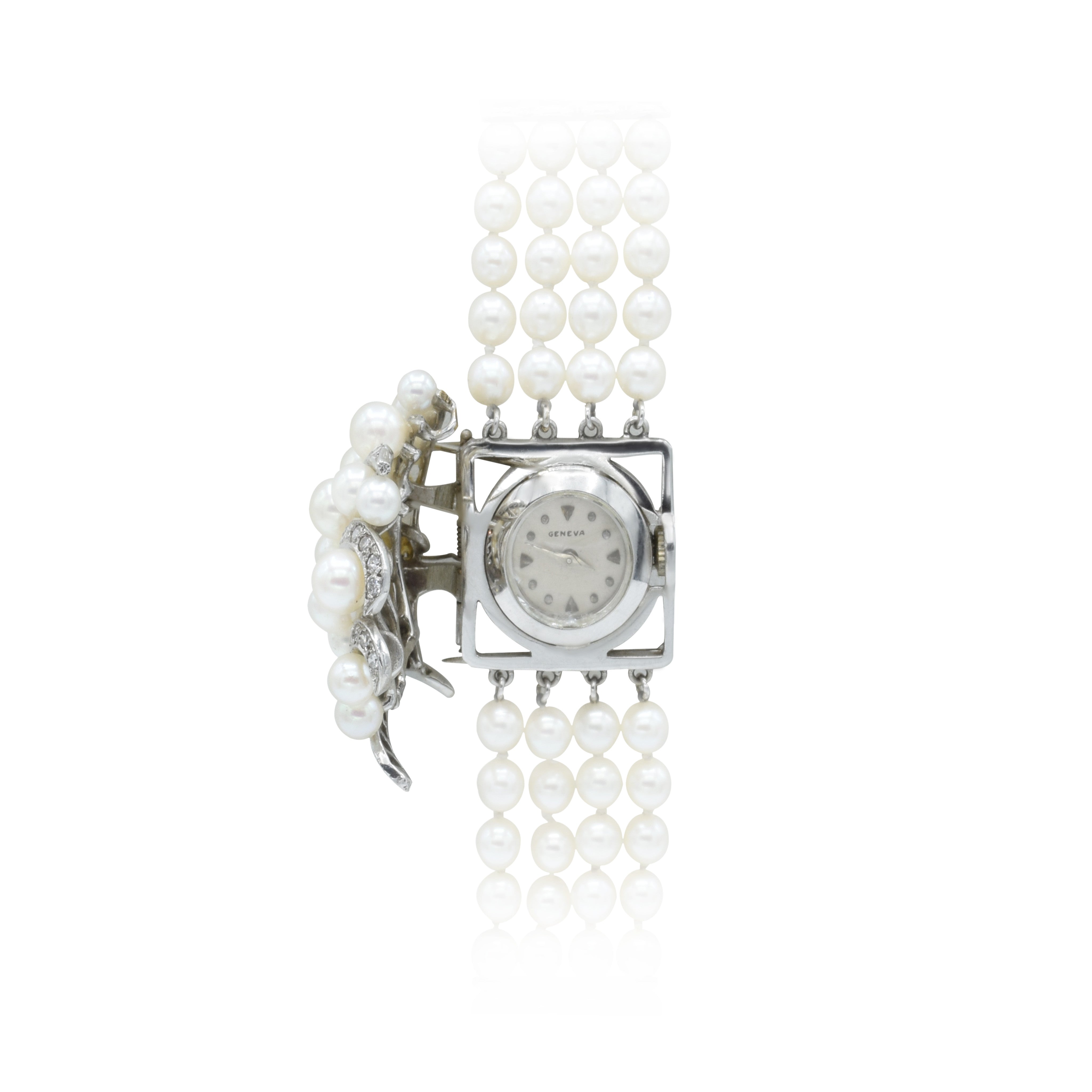 Estate 1960s 14KT White Gold Pearl And Diamond Watch Bracelet