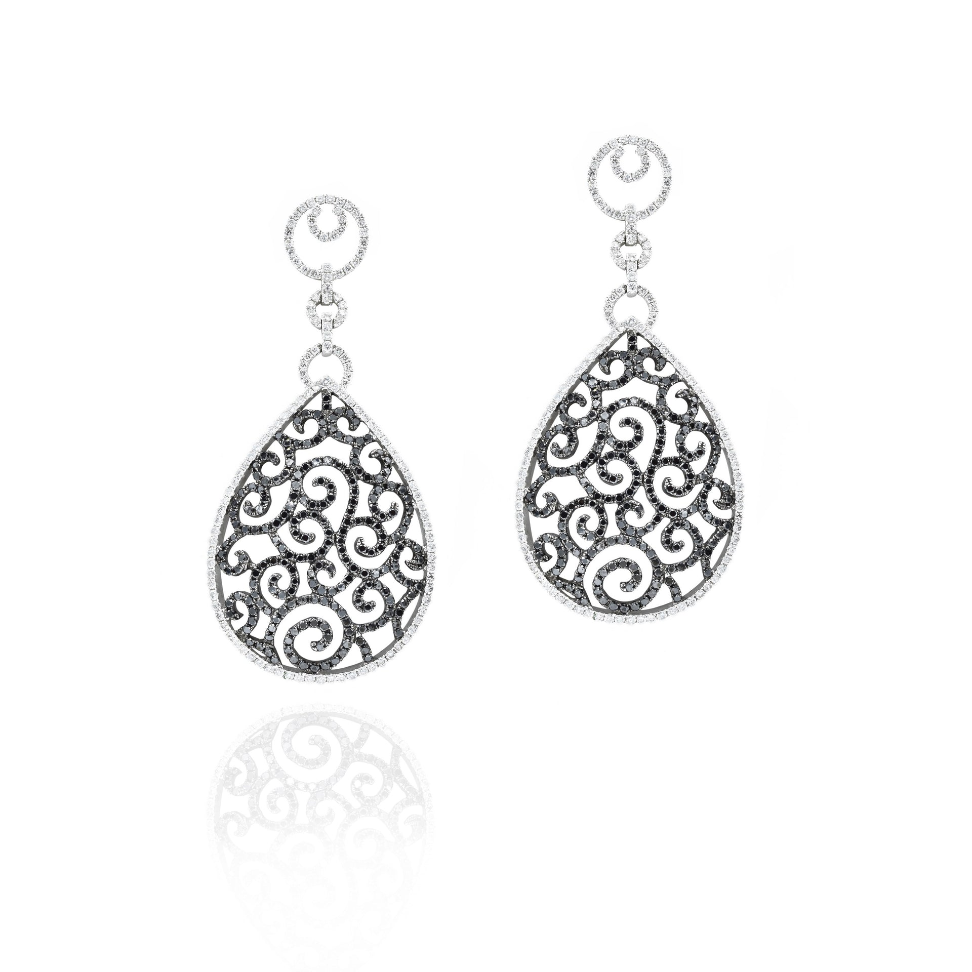18KT White Gold Black And White Diamond Lace Drop Earrings