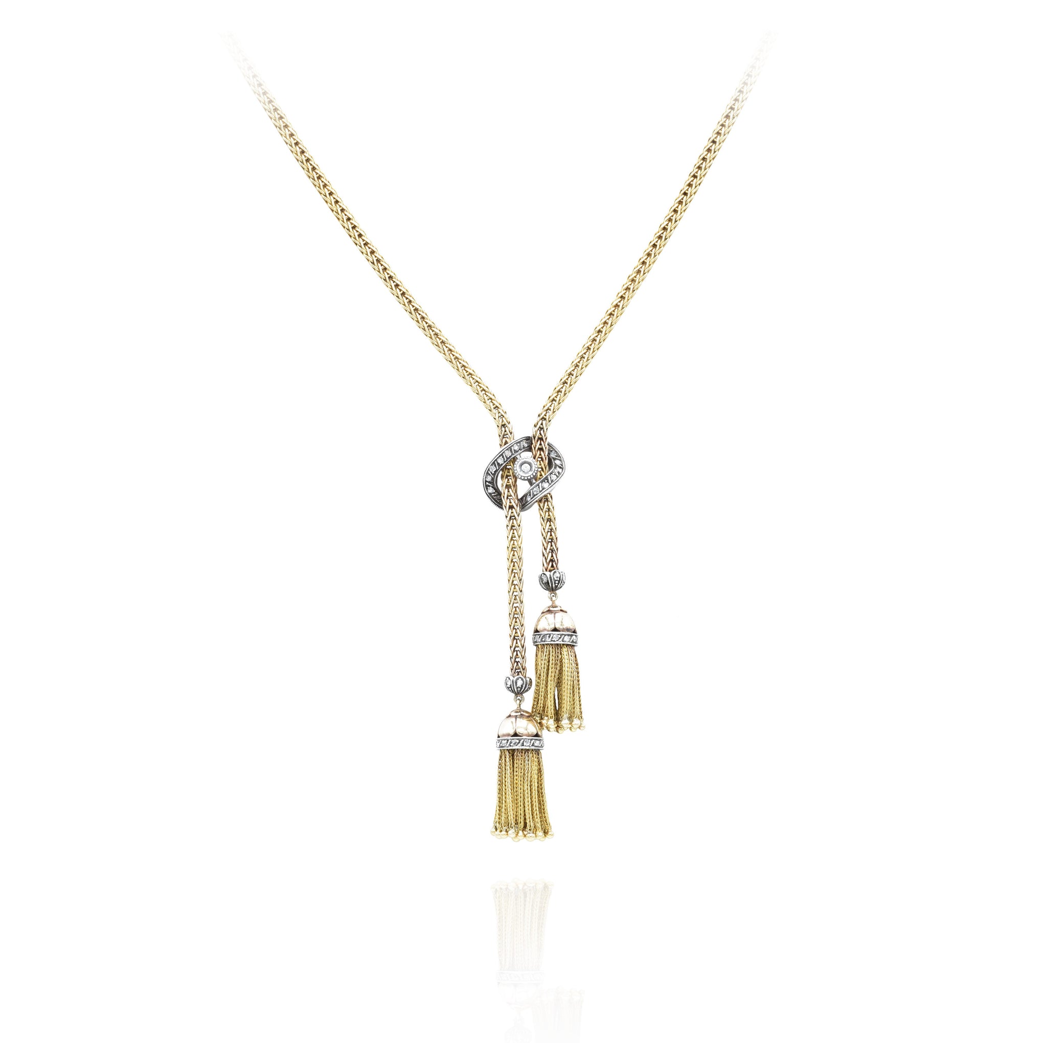 Estate 18KT Yellow Gold And Silver Double Tassel Necklace