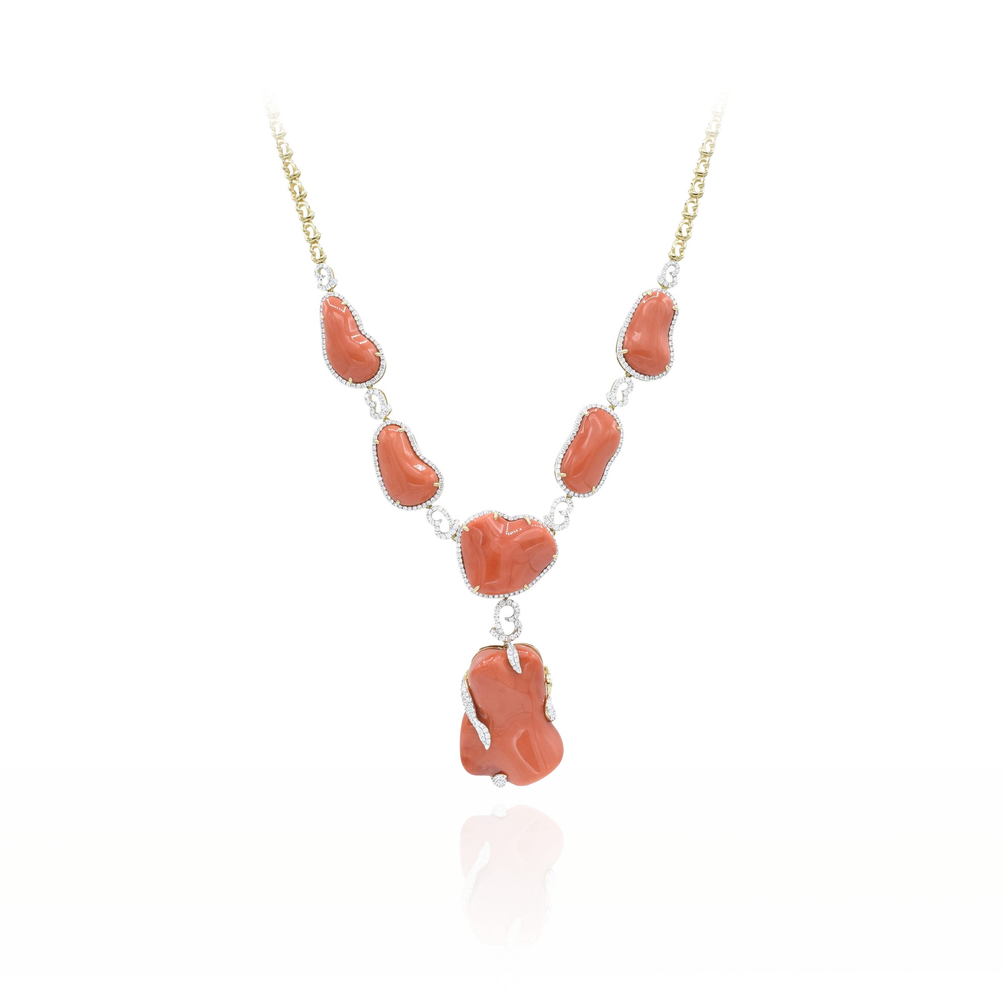 18kt Yellow Gold Natural Coral and Diamond Necklace