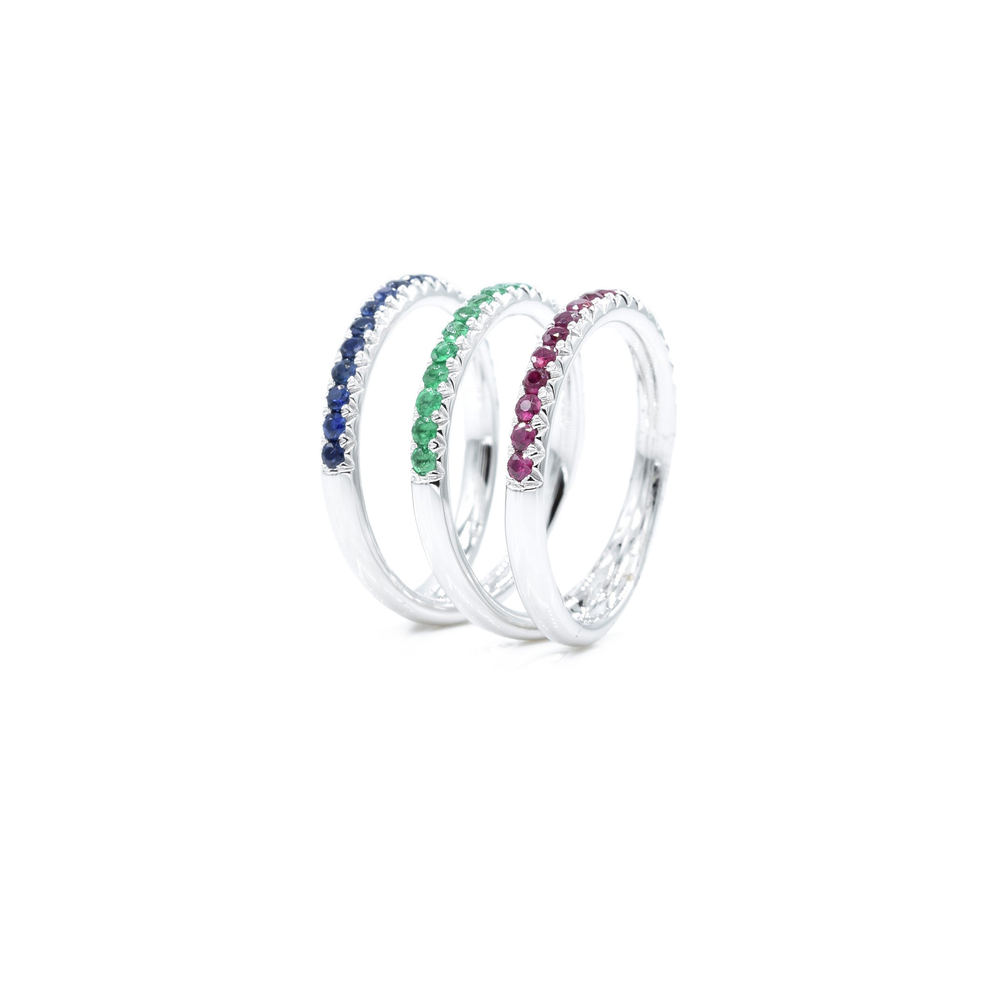 18kt White Gold Ruby, Emerald, and Sapphire Triple Ring