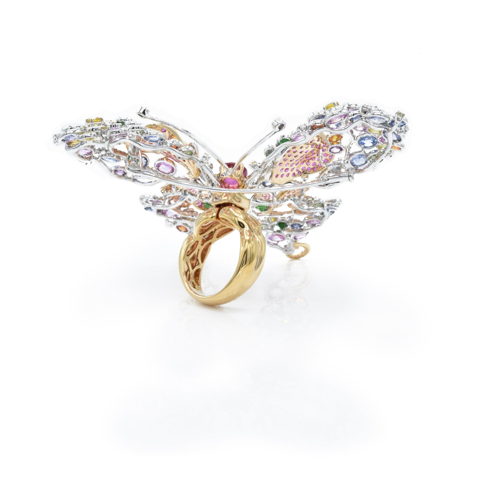 18kt Two-Tone Gold Diamond, Multi-Sapphire and Beryl Butterfly Ring/Pin