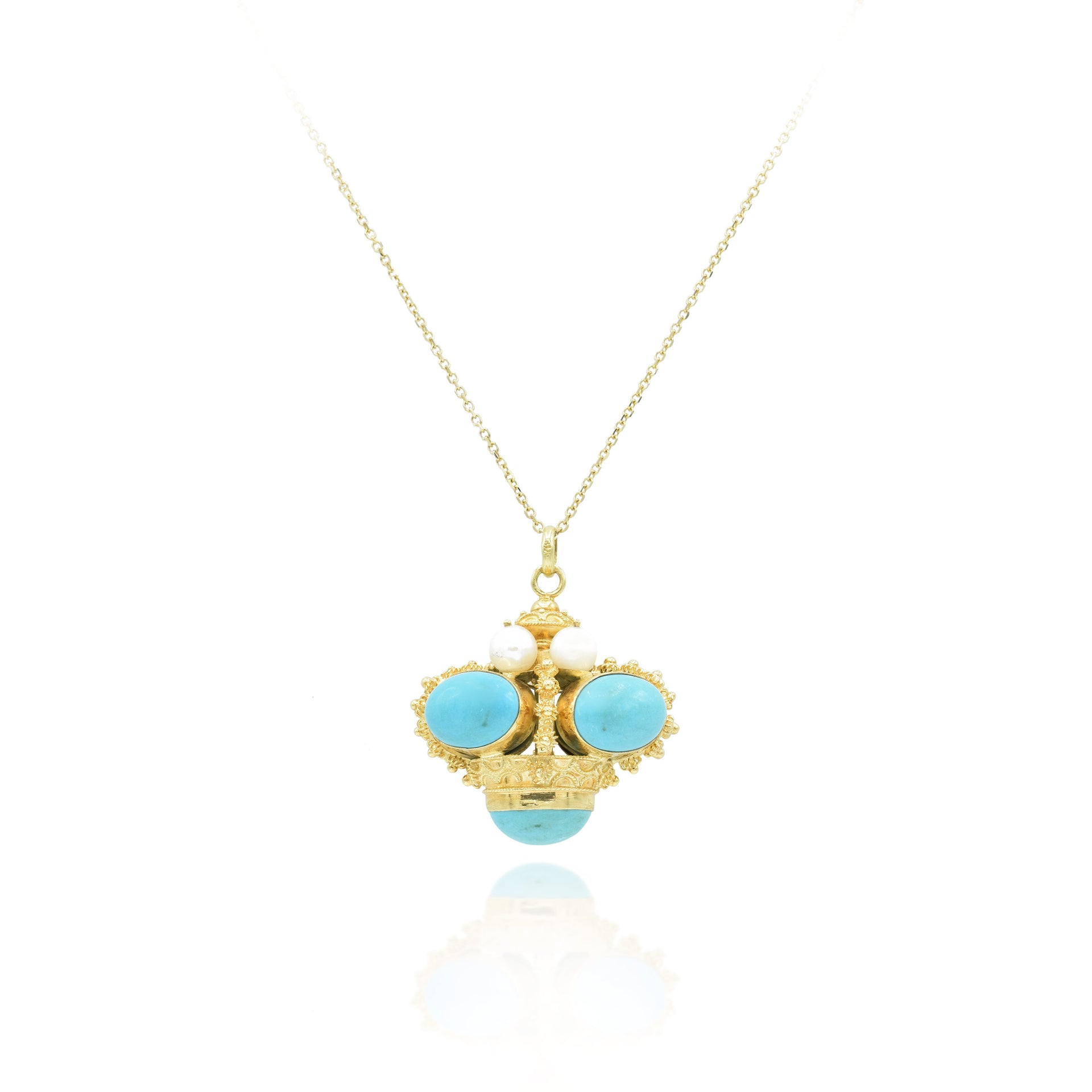 Estate 18KT Yellow Gold Turquoise And Pearl Pendant