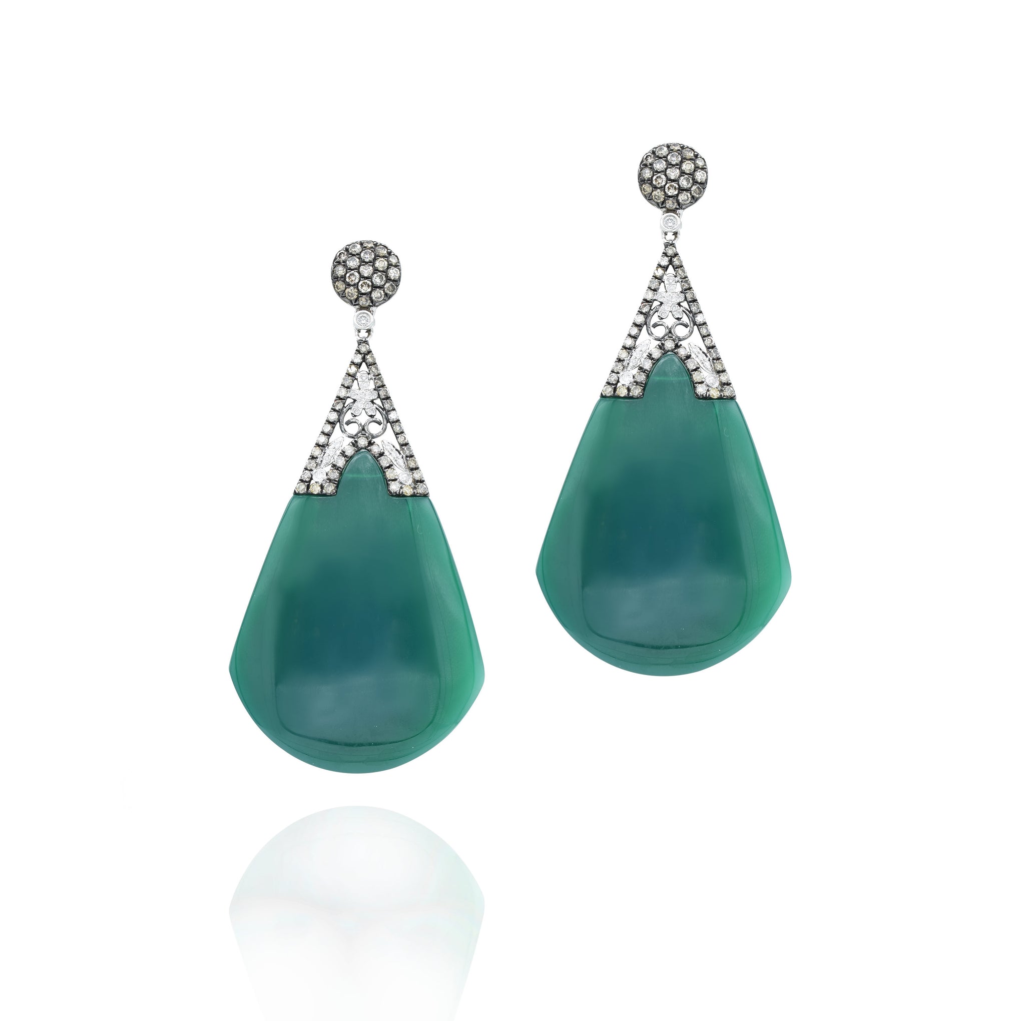 18kt Yellow Gold, Green Agate With champagne and White Diamonds Drop Earrings