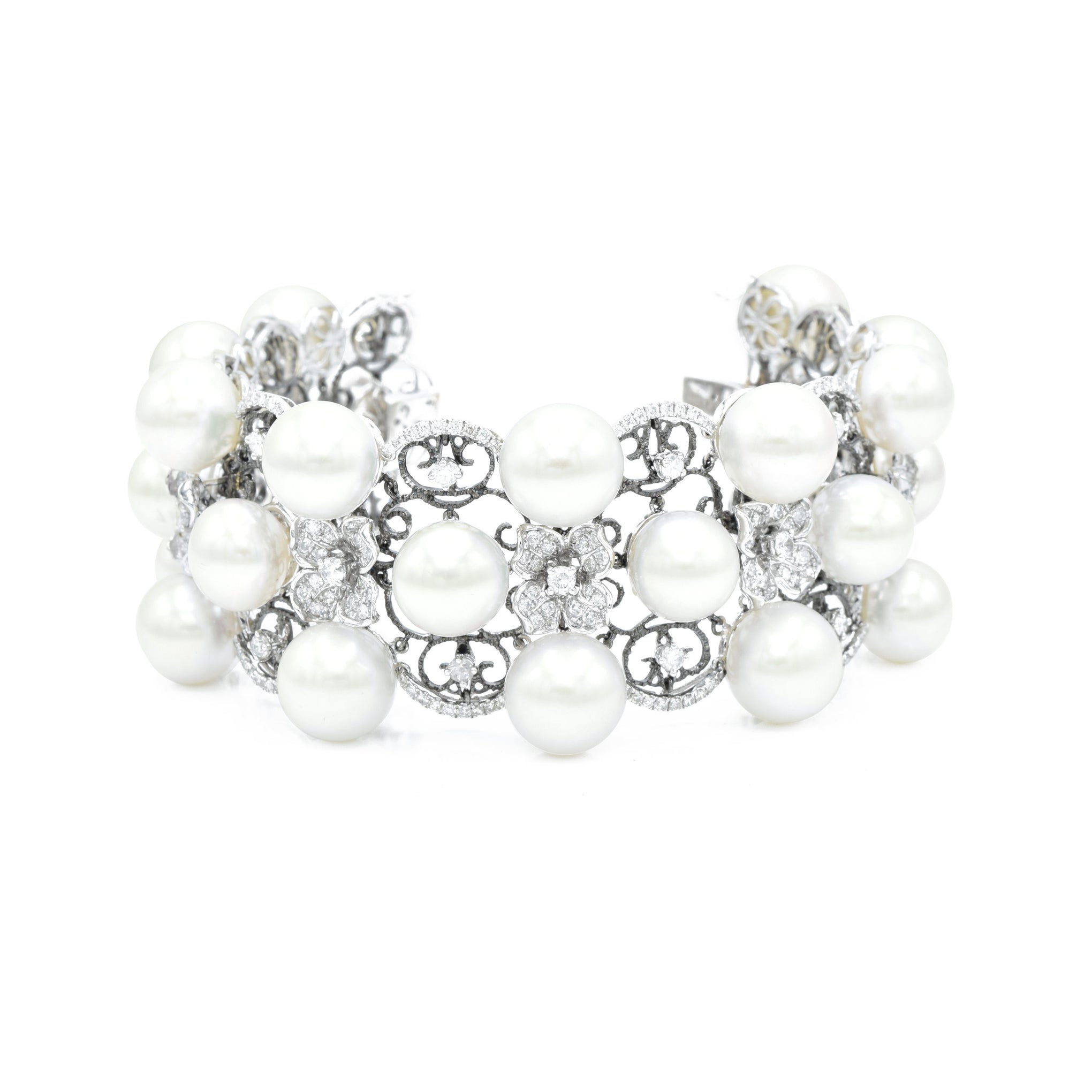 18kt White Gold, South Sea Pearl, and Diamond Three Row Bracelet with Flowers