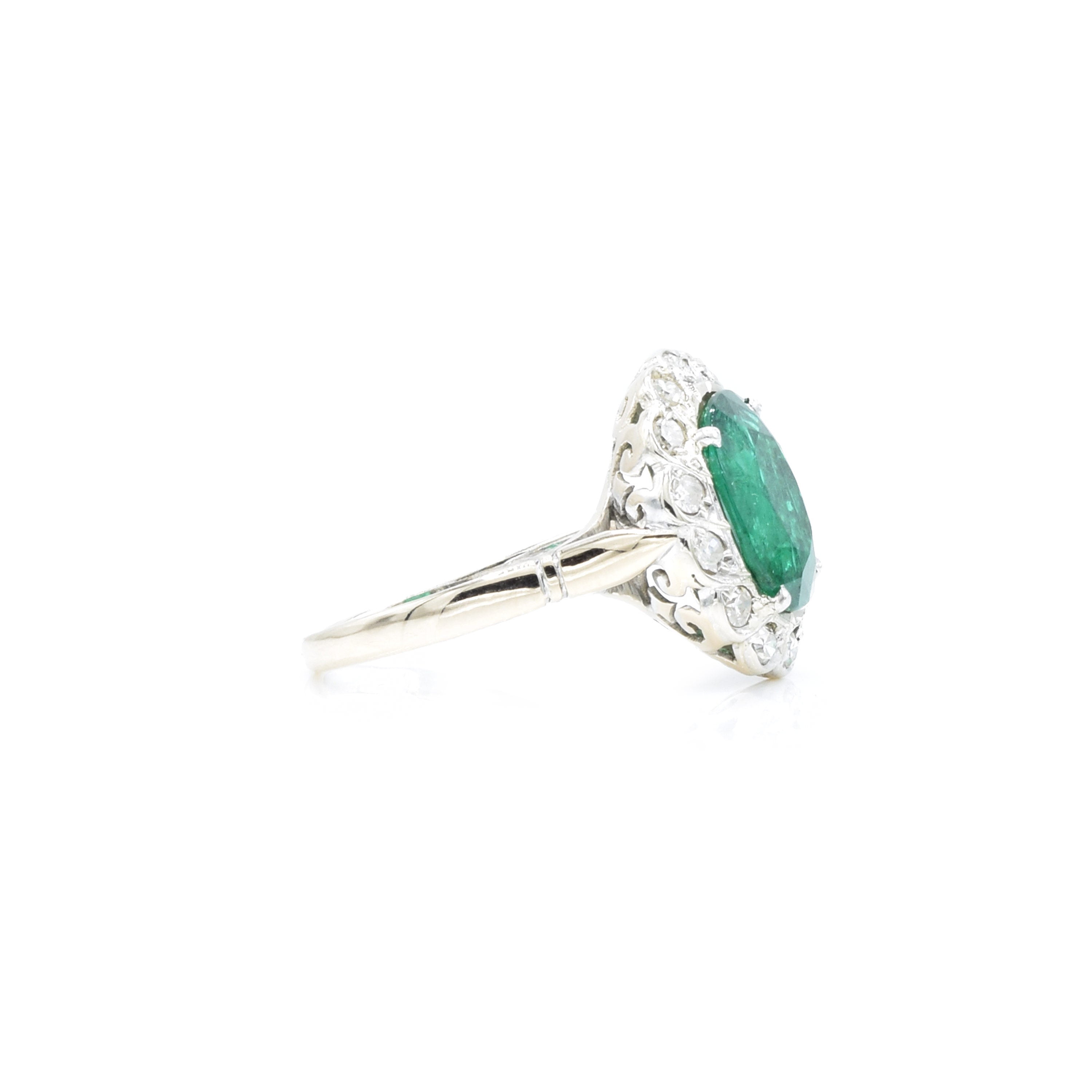 Estate 14KT White Gold Diamond And Emerald Ring Circa 1920