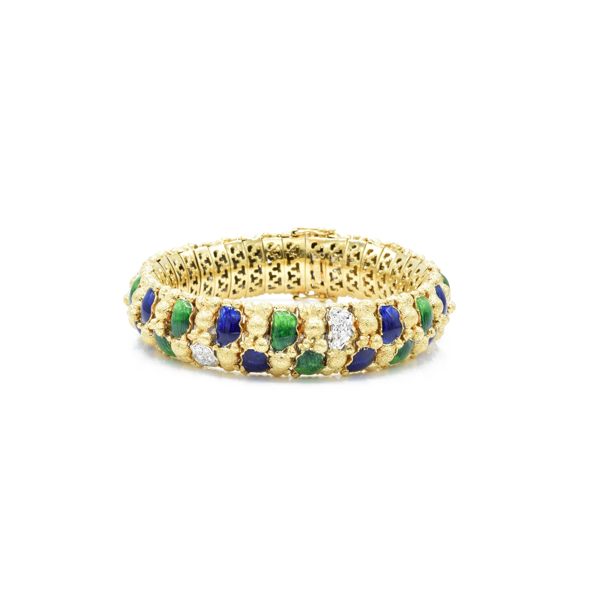 Estate 18KT Yellow Gold Diamond Enamel Bracelet