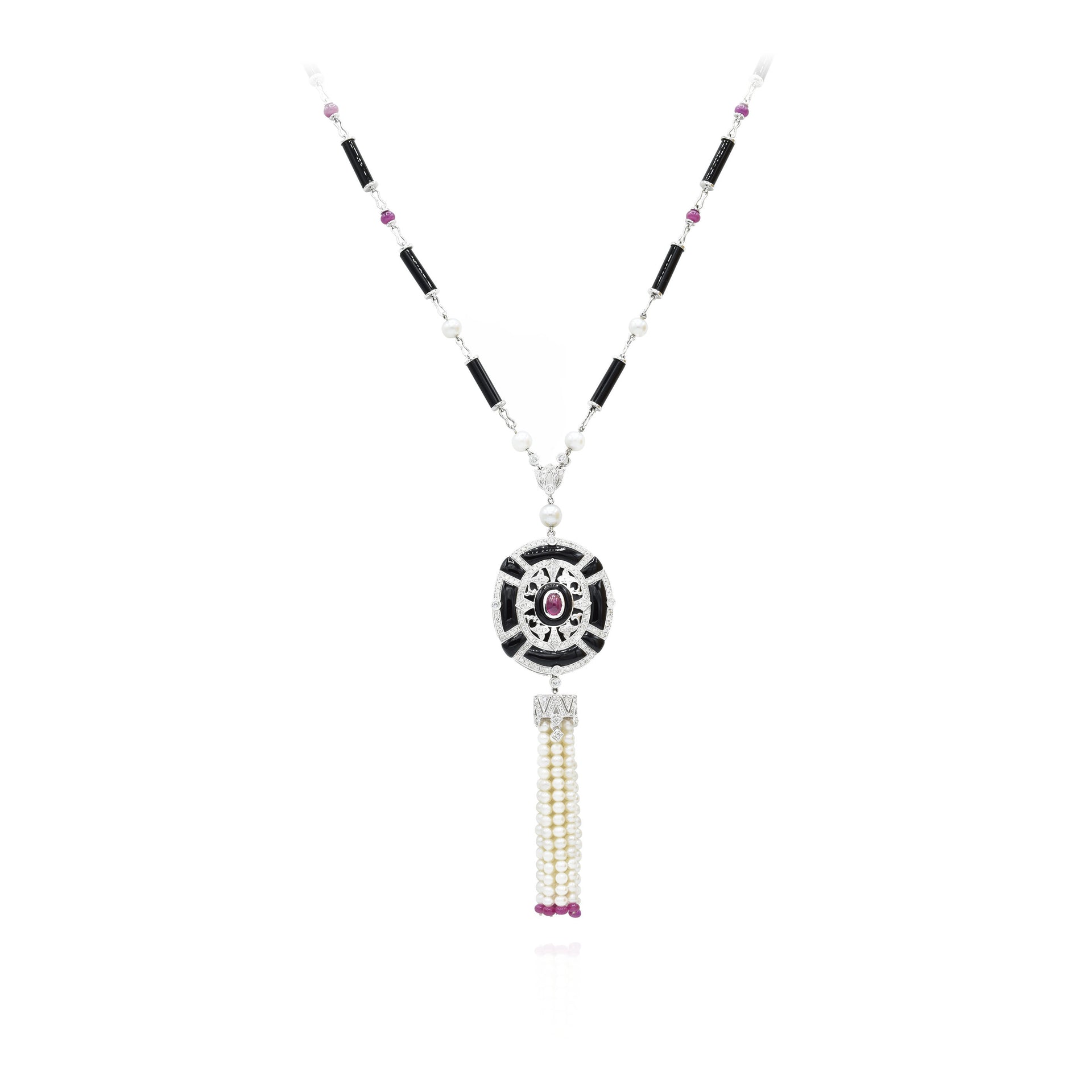18kt White Gold Black Onyx, Pearl, Ruby Necklace