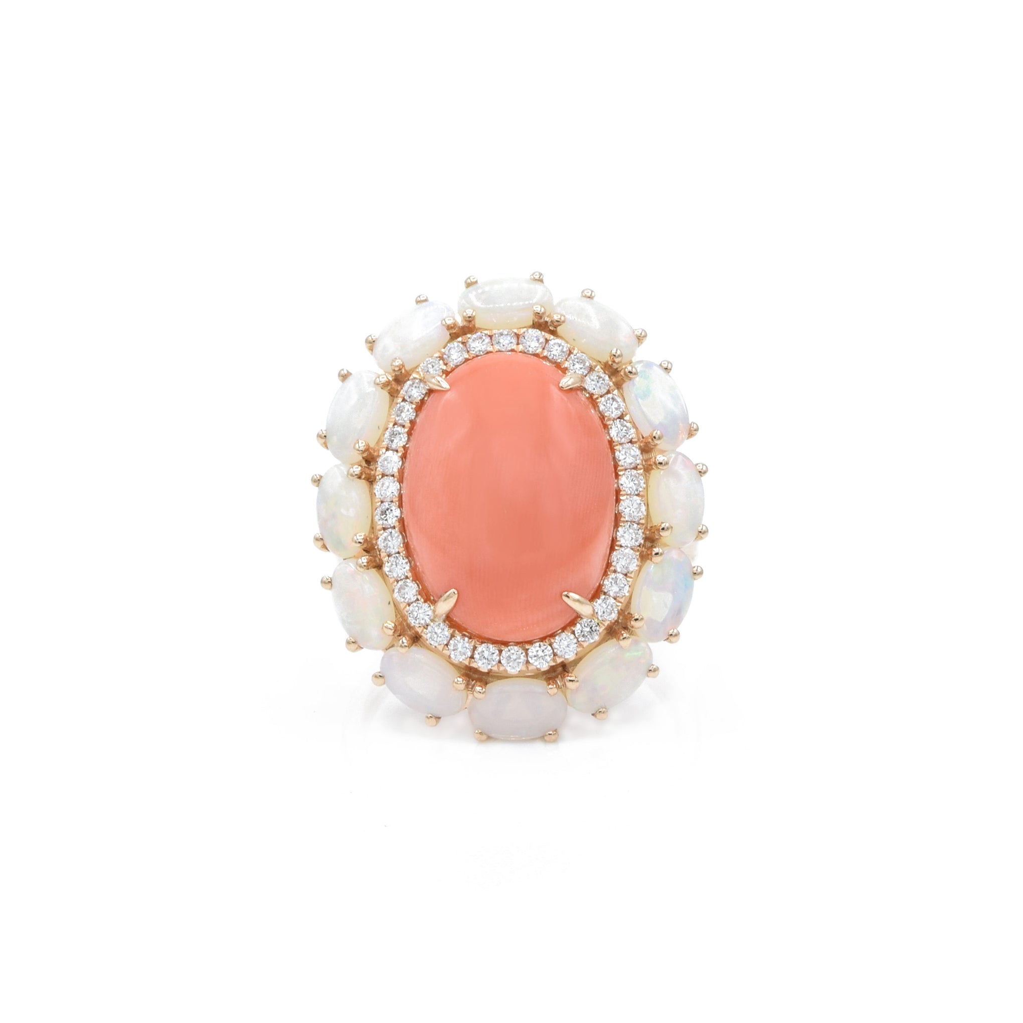 18kt Rose Gold Coral and Opal, Diamond Ring