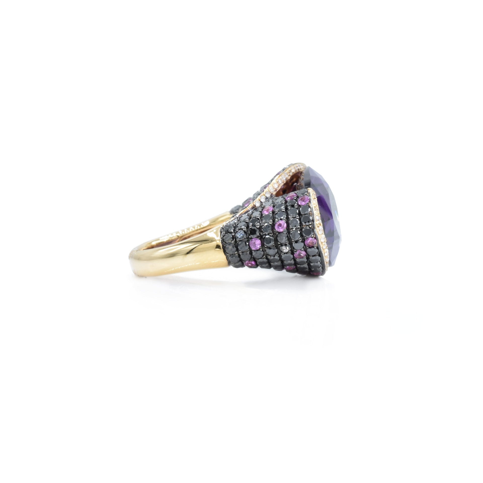 18kt Rose Gold Amethyst, Pink Sapphire, Black and White Diamond Ring