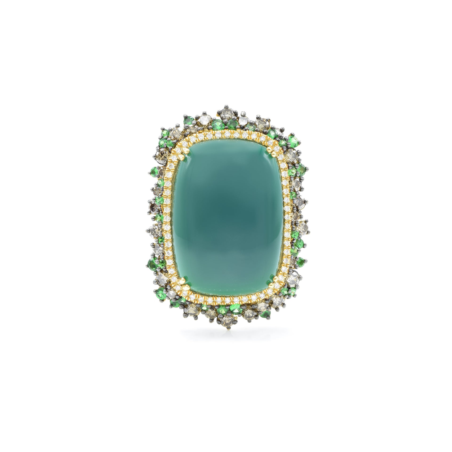 18kt Yellow Gold Green Agate Ring with Tsavorite and Champagne Diamonds