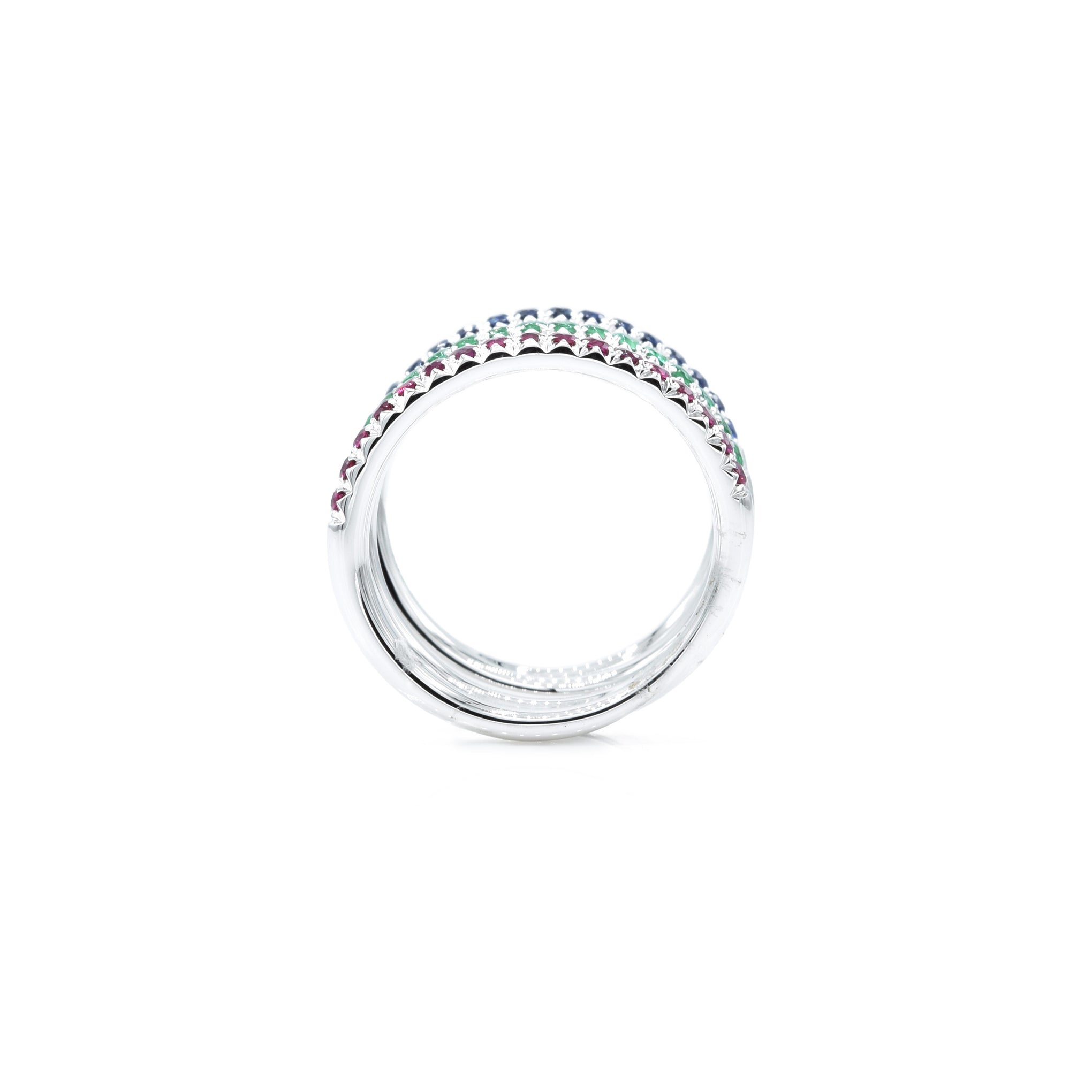 18kt White Gold Ruby, Emerald, and Sapphire Triple Ring