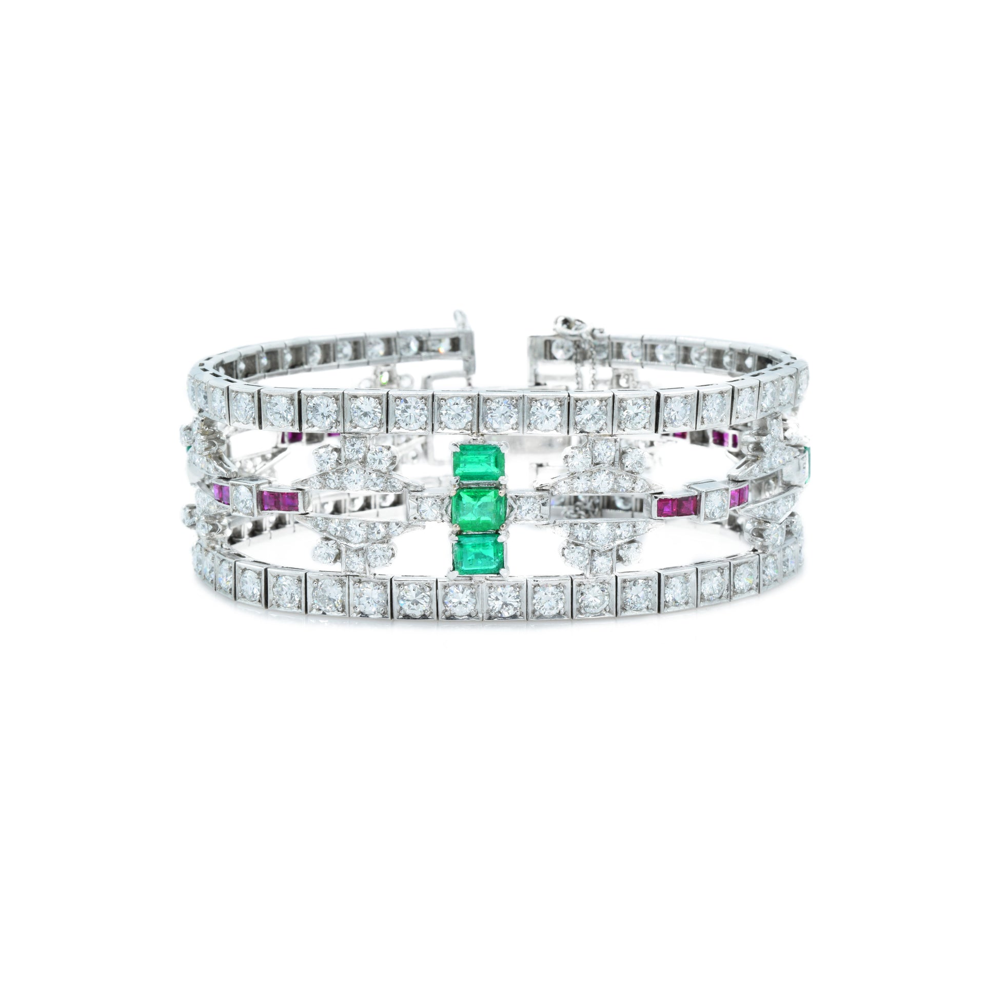 Estate 1930s Platinum Diamond, Ruby And Emerald Bracelet
